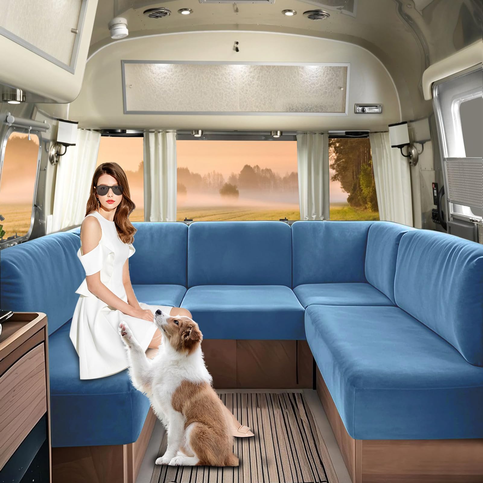 SHUOJIA Caravan Seat Covers Velvet, Motorhome Seat Cover with Elastic-band and Lacing, RV Sofa Cushion Cover for camper Washable（Blue-2-W150-190 cm,D50-70 cm）