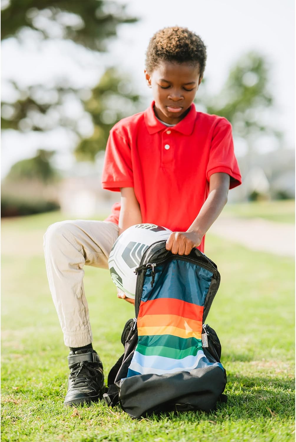 ChicoBag Travel Pack rePETe Recycled Backpack w/Built-In Pouch & Carabiner Clip | Perfect for Outdoor Activities | Eco-Conscious Packable Reusable Bookbag | Retro Stripe (Pack of 1)