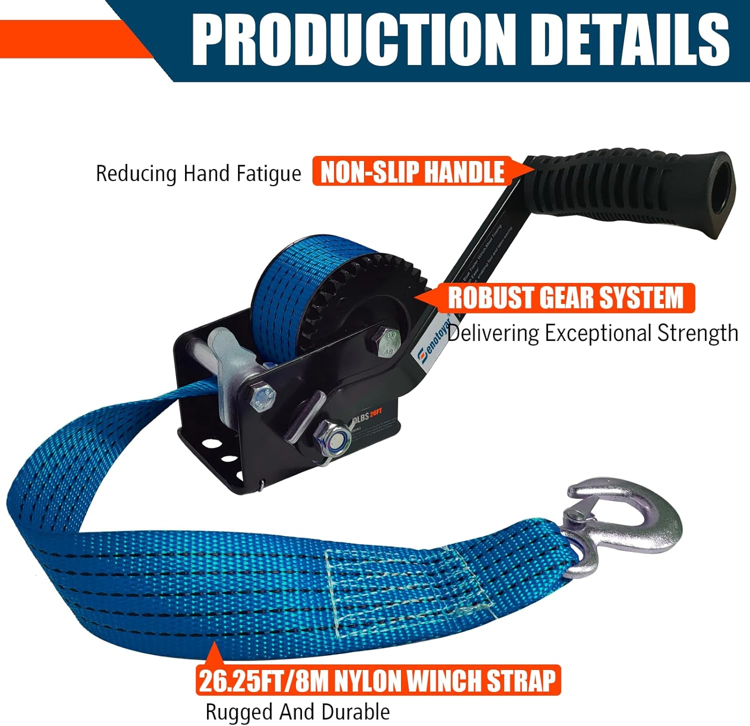 Heavy Duty Boat Trailer Winch,HandCrank Winch 1600lbs Capacity with 26FT Strap,2-Way Ratchet 4:1 Gear Switchable Hand Crank Winch for Boat,Trailer,Truck,RV,ATV and Jet Ski