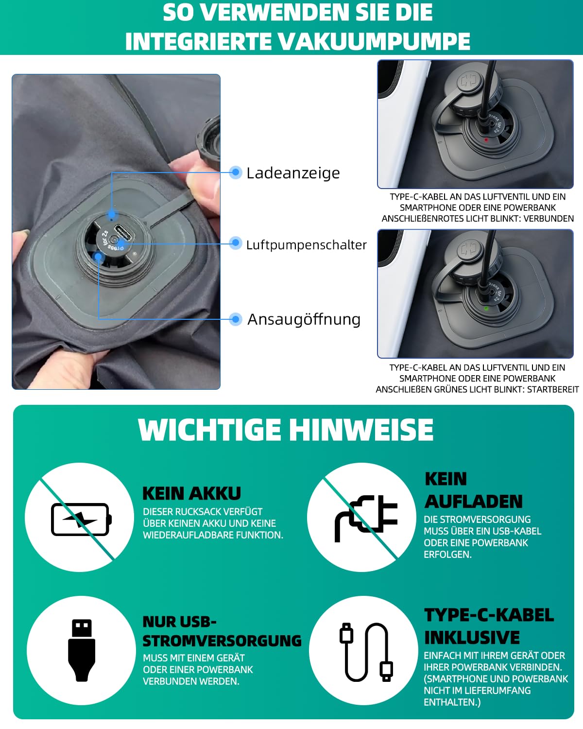 KINGSLONG Vakuum Rucksack Handgepäck: Reisetasche mit USB-Vakuumkompression | ohne Pumpe Wasserdichter Laptop Rucksack für 16 Zoll Notebook, Kabinenrucksack für Flugzeug, Business & Reise