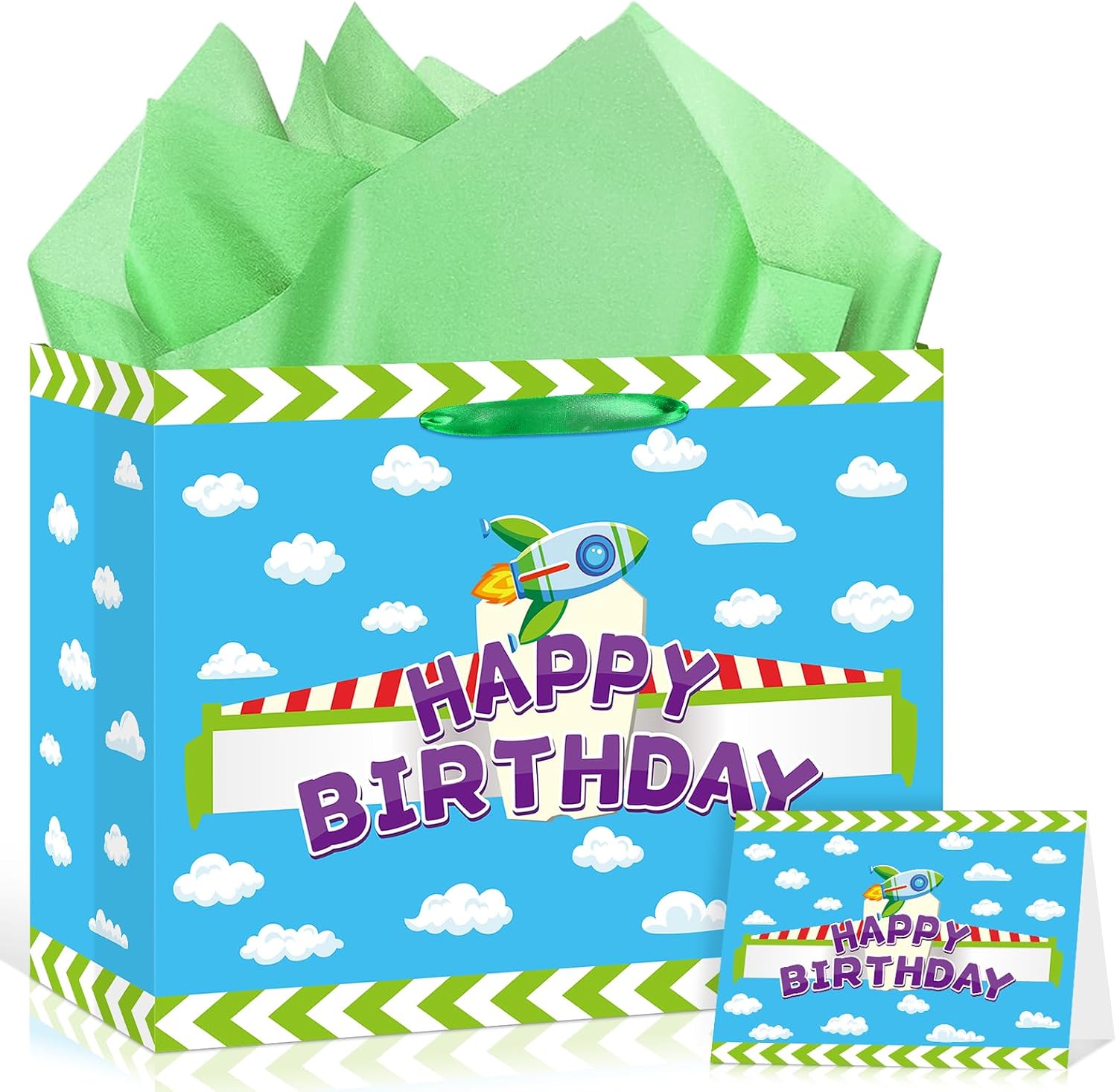 Papmiunm Cartoon Story Birthday Gift Bag with Greeting Card Wrapping Paper Large Blue Sky White Clouds Happy Birthday Favor Goodies Bags for Kids Bday Party Baby Shower Decorations Supplies Decor