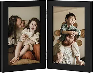 decorUhome Double 4x6 Picture Frame Vertical, Engineered Wood Bifold Photo Frame with Plexiglass for Tabletop Display, 4x6, Black