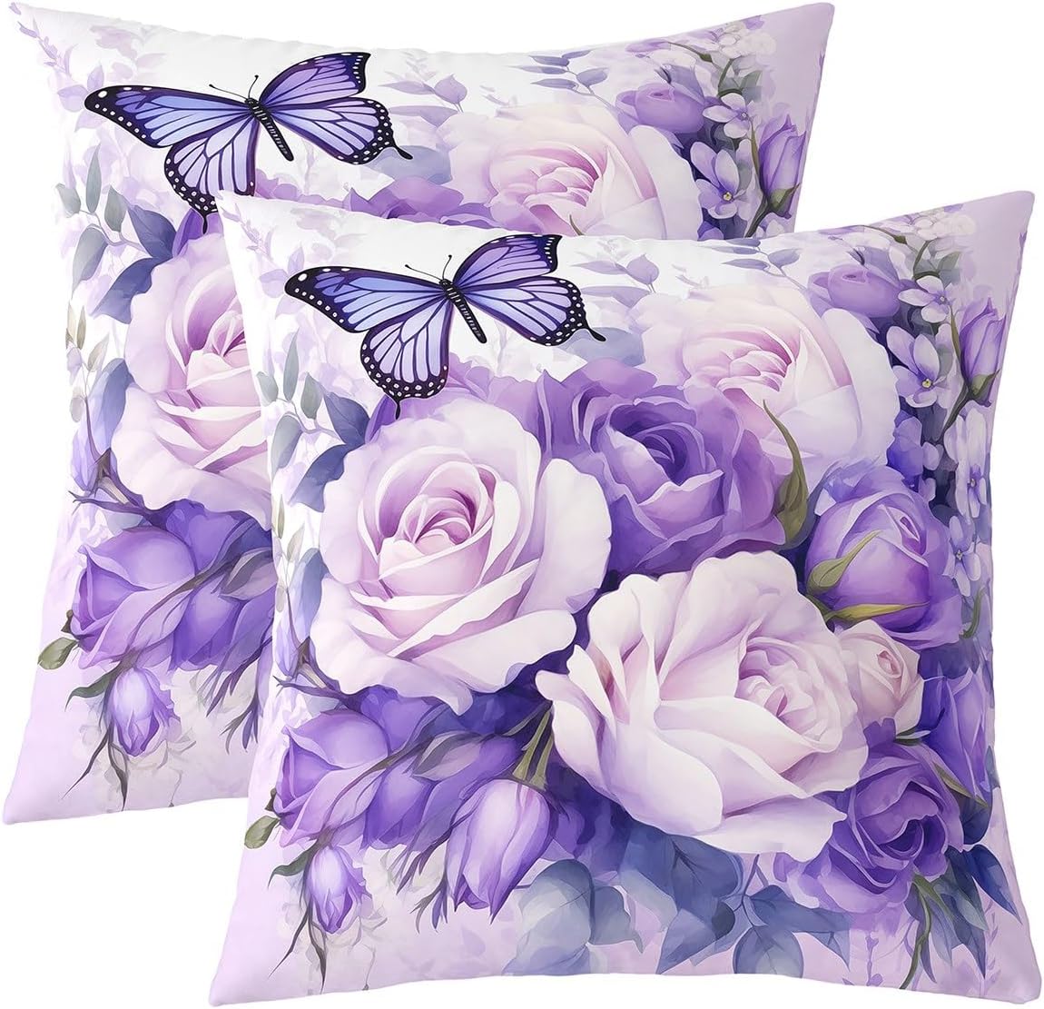 Feelyou Purple Rose Throw Pillow Covers 22"x22" Set of 2 Purple Butterfly Cushion Case for Girls Women Flower Floral Decorative Pillowcase Flower Plants Home Decor