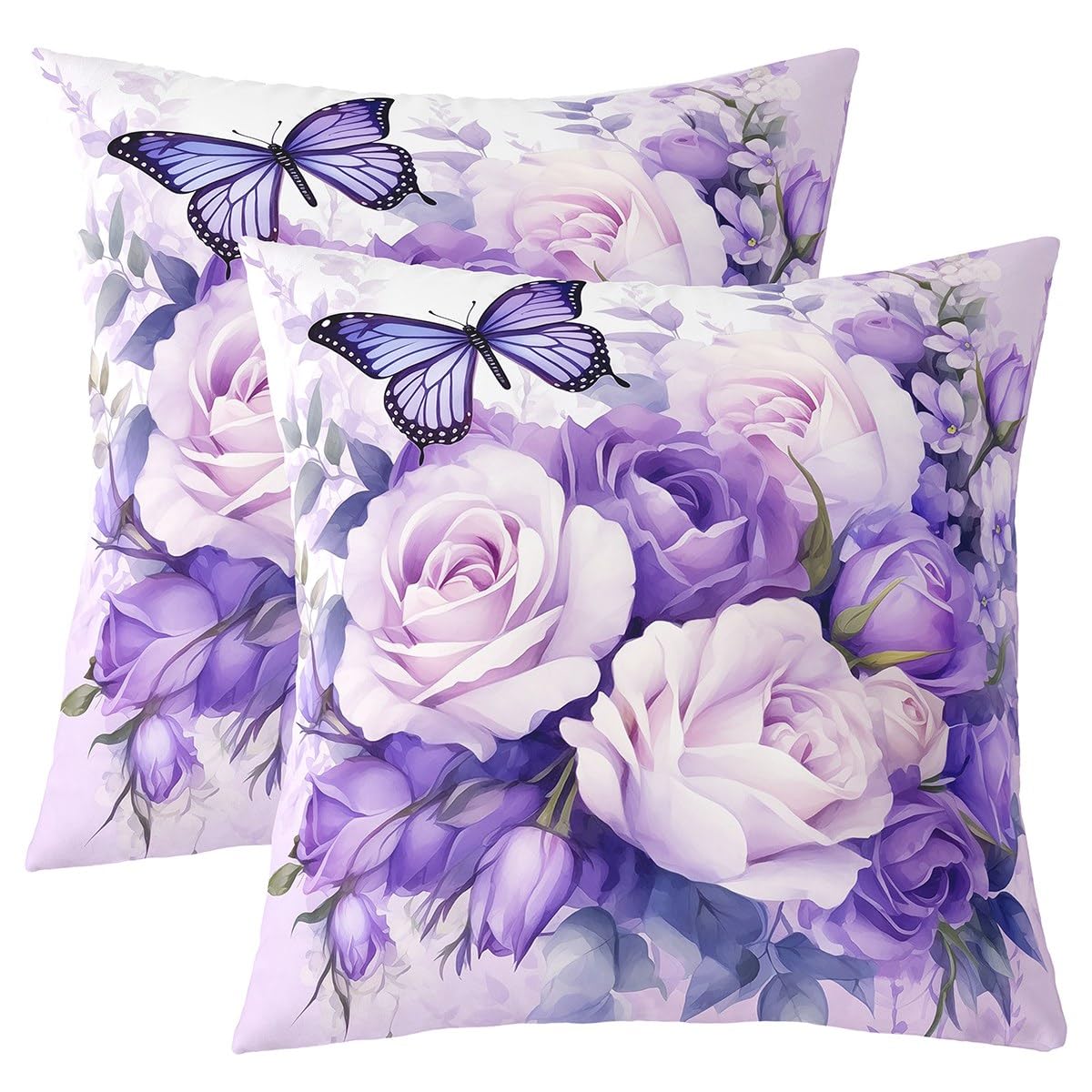 Loussiesd Purple Rose Throw Pillow Covers 45x45cm Set of 2 Purple Butterfly Cushion Case for Girls Women Flower Floral Decorative Pillowcase Flower Plan โ image 1