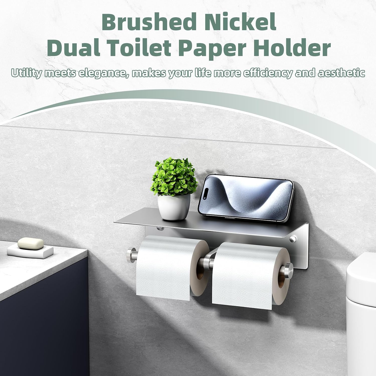 Double Toilet Paper Holder with Shelf Brushed Nickel, APLusee SUS 304 Stainless Steel Contemporary Tissue Roll Holder Mobile Phone Storage Rack