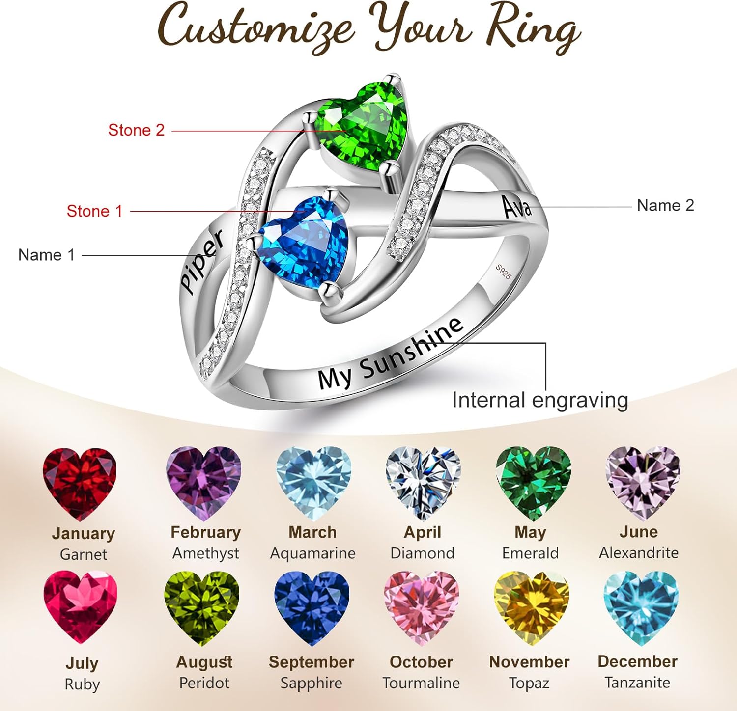 Sterling Silver Personalized Birthstone Ring for Couple – Custom 2 Birthstones Ring with Engraving, Promise Ring Gift for Anniversary, Valentine’s Day & Long Distance Love Mother’s Day