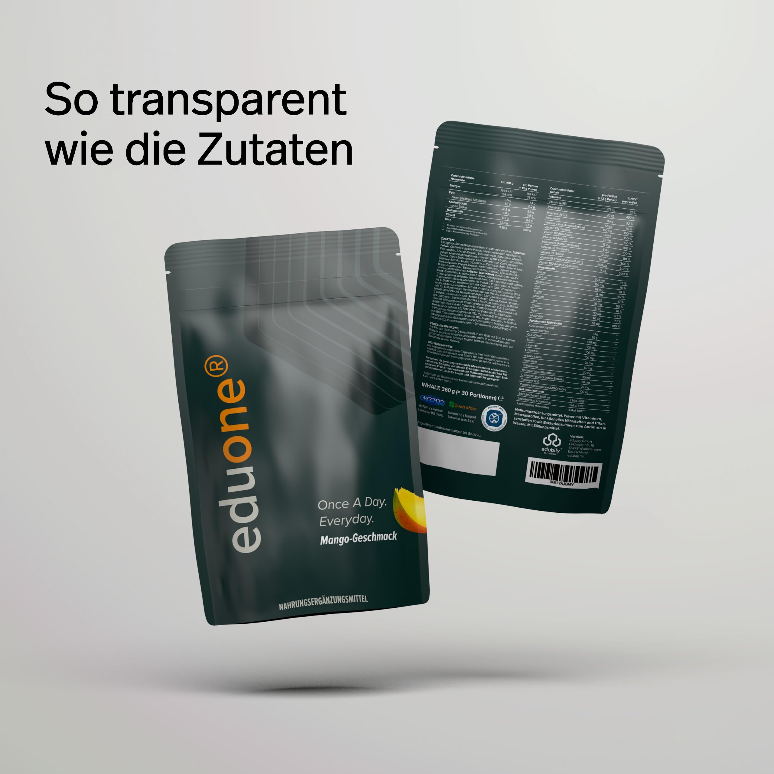 edubily® eduone - Greens Pulver - All-In-One Drink mit Vitaminen, Mineralien & Pflanzenstoffen - Mit Darmbakterien, Vitalpilzen und Meat Based Bioactive Compounds (MBBCs) (360 g, Mango)