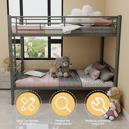 Miniatura 60 de GNIXUU Literas de tamaño individual sobre matrimonial, marco de literas bajas de metal resistente con barandilla de seguridad y escalera para