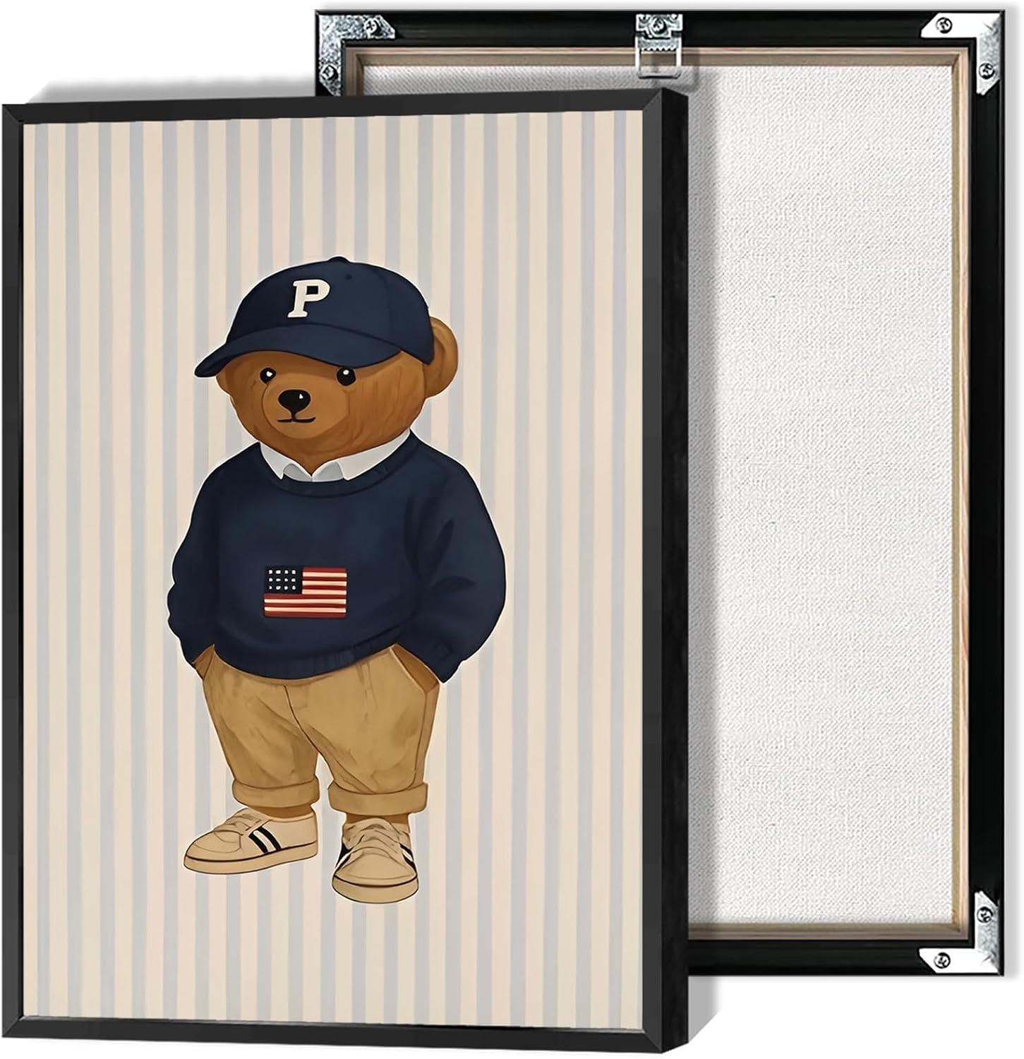 Teddy Bear Wearing A Baseball Cap Poster Trendy Funny Bear Canvas Wall Art Preppy Abstract Sporty Animal Aesthetic Prints Painting For Living Room Bedroom Nursery Wall Decor 12x16in Framed