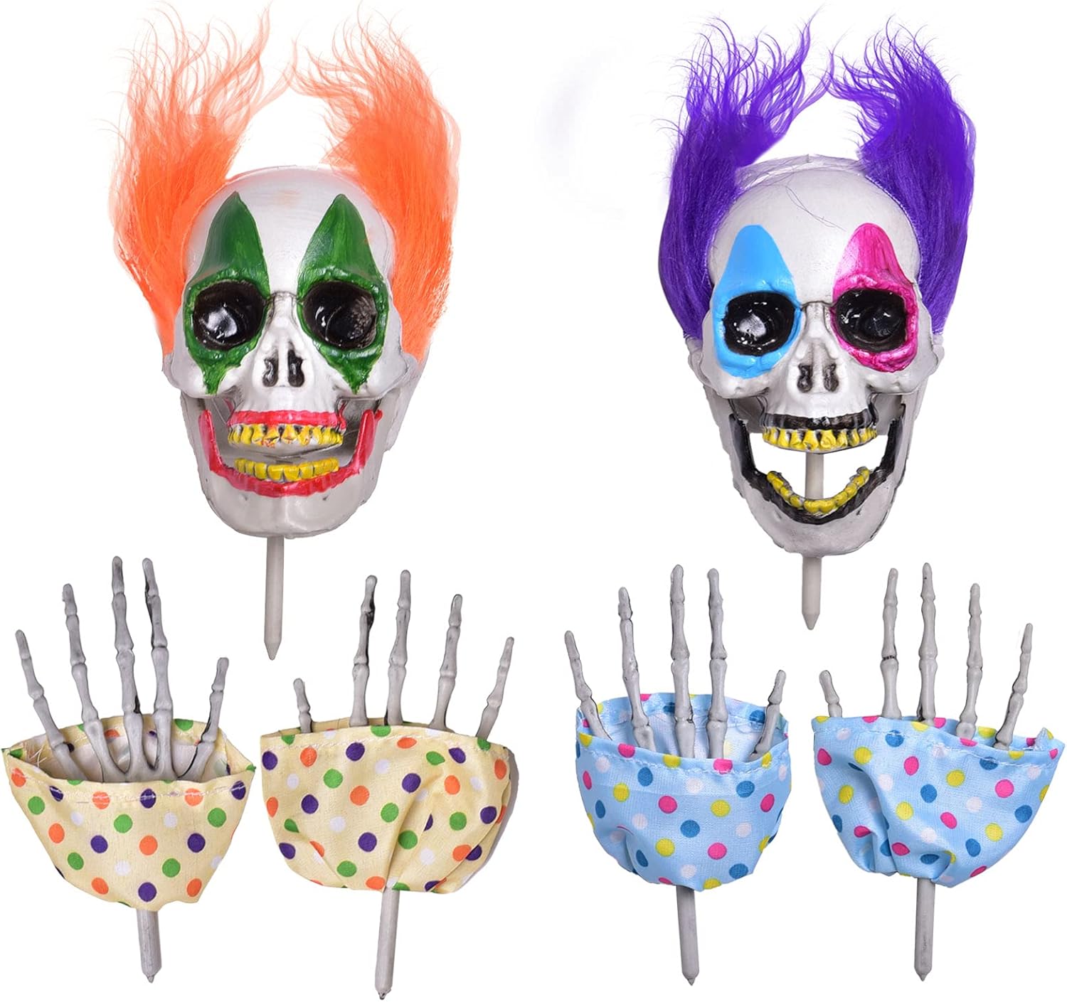 FUN LITTLE TOYS 6 Pieces Scary Clown Halloween Decorations, Creepy Skeletons Clown Heads and Bones Yard Stakes Outdoor Decorations Tombstones Graveyard Pumpkins Decor Props