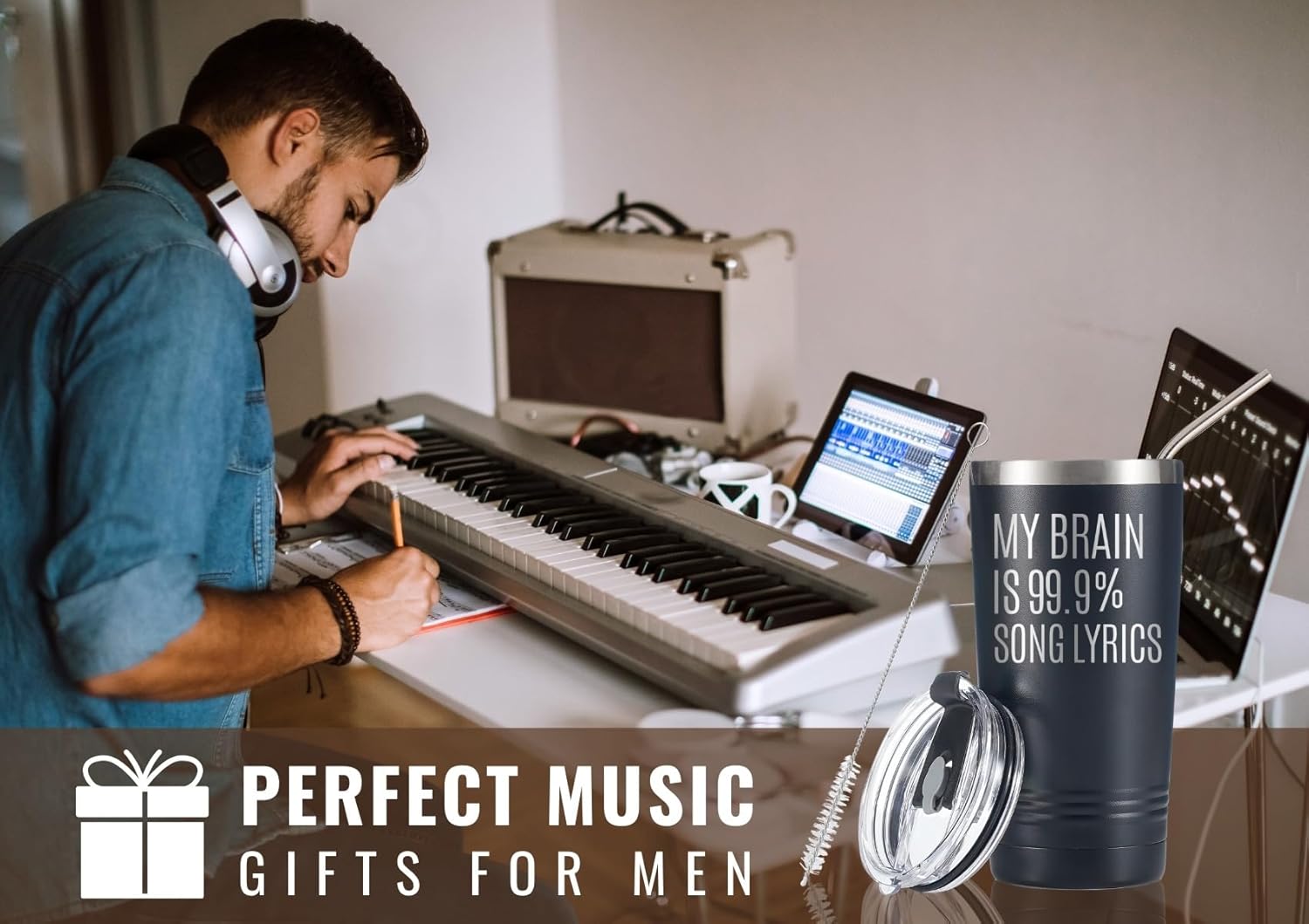 Onebttl Music Lover Gifts For Men, Male, Him, Musician Gifts, Musical Lovers Gift, Stainless Steel Insulated Tumbler with Straw & Lid - Lyrics 20 oz (Black) - Image 2