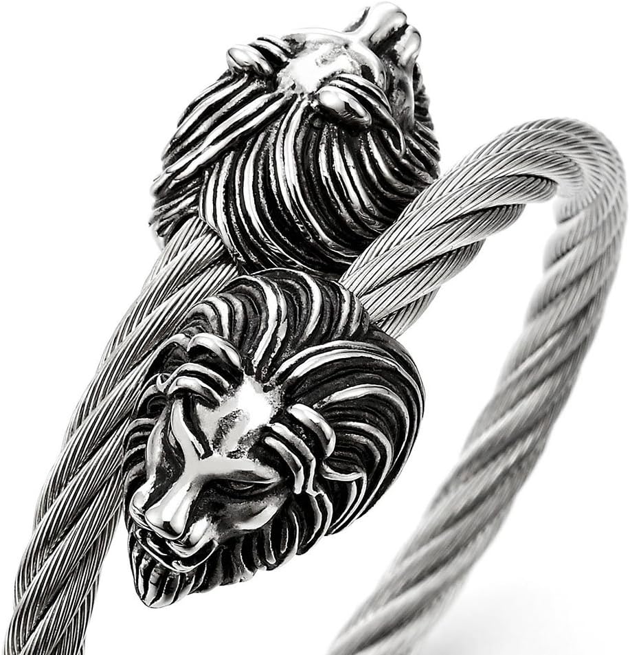 COOLSTEELANDBEYOND Mens Elastic Adjustable Lion Head Bangle Bracelet Stainless Steel Twisted Cable Cuff Bracelet