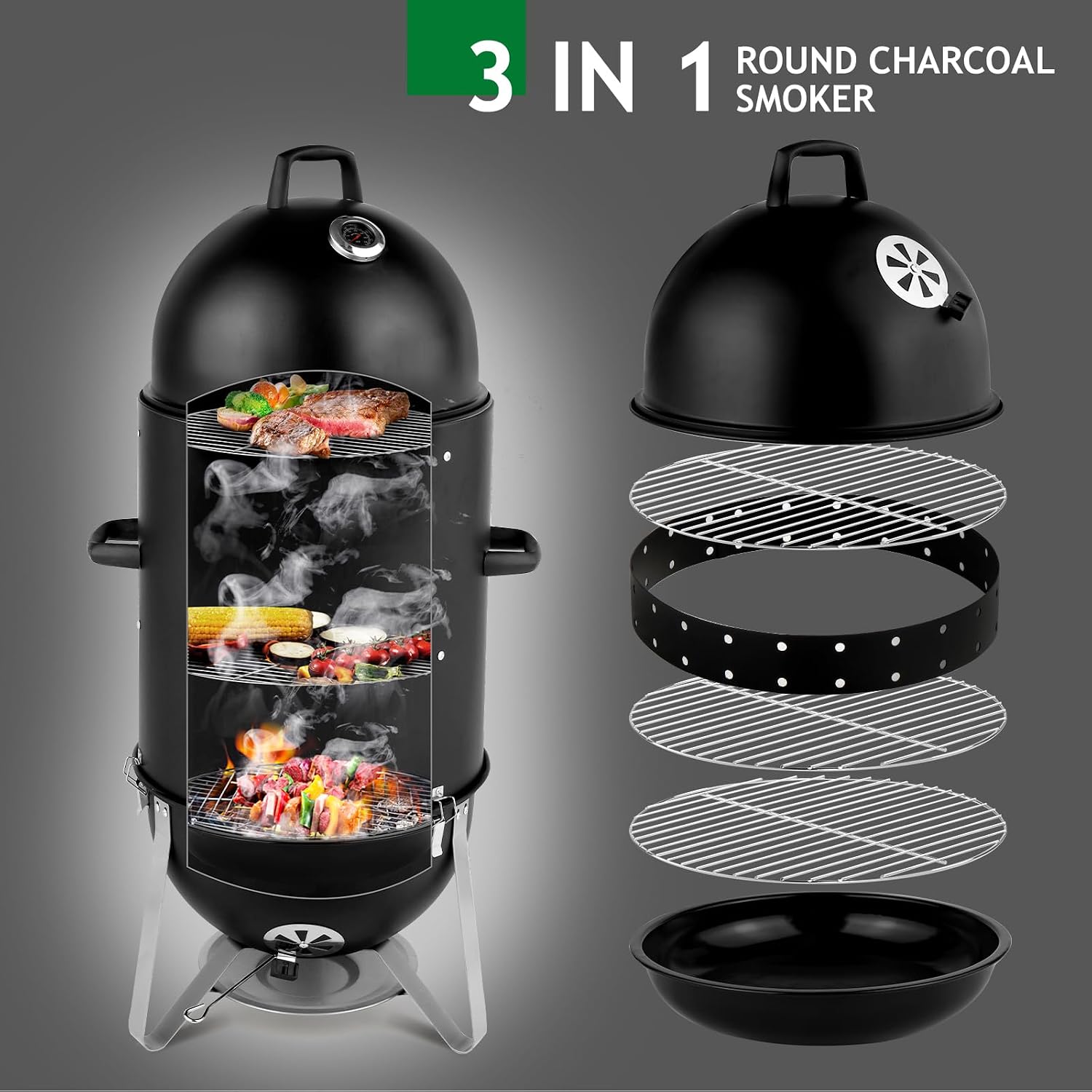 3-in-1 Vertical Charcoal Smoker BBQ Grill 18.8 Inch Outdoor Portable Smoker Grills with Built-in Thermometer, Air Vent Idea for Patio Backyard Barbecue Cooking Camping