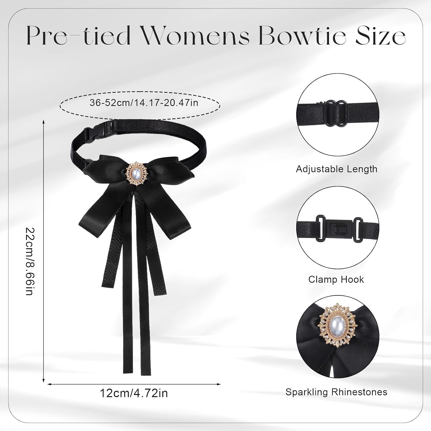 Pearl Black Bow Tie for Women, Pre-Tied Black Bowtie with Pearl, Adjustable Womens Bow Tie