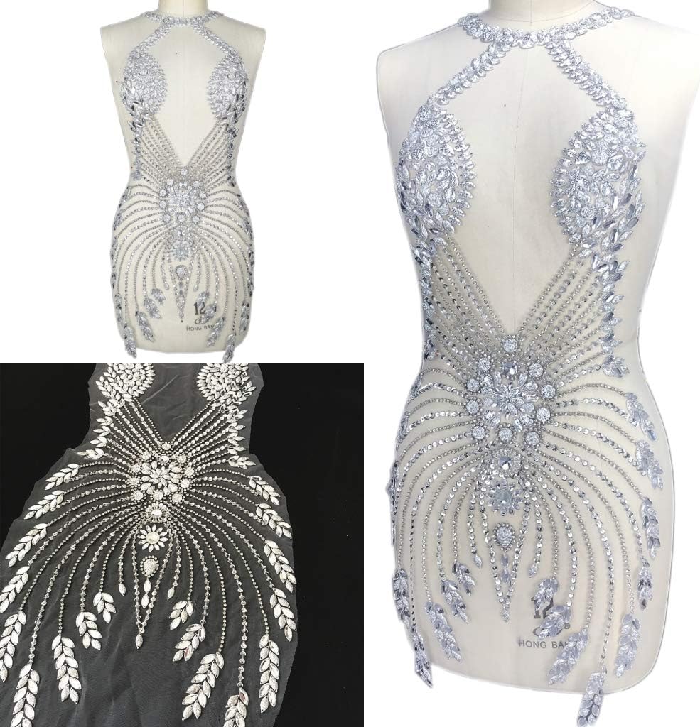 Handmade Rhinestone Beads Deep V Applique Crystal Patches for Wedding Dress