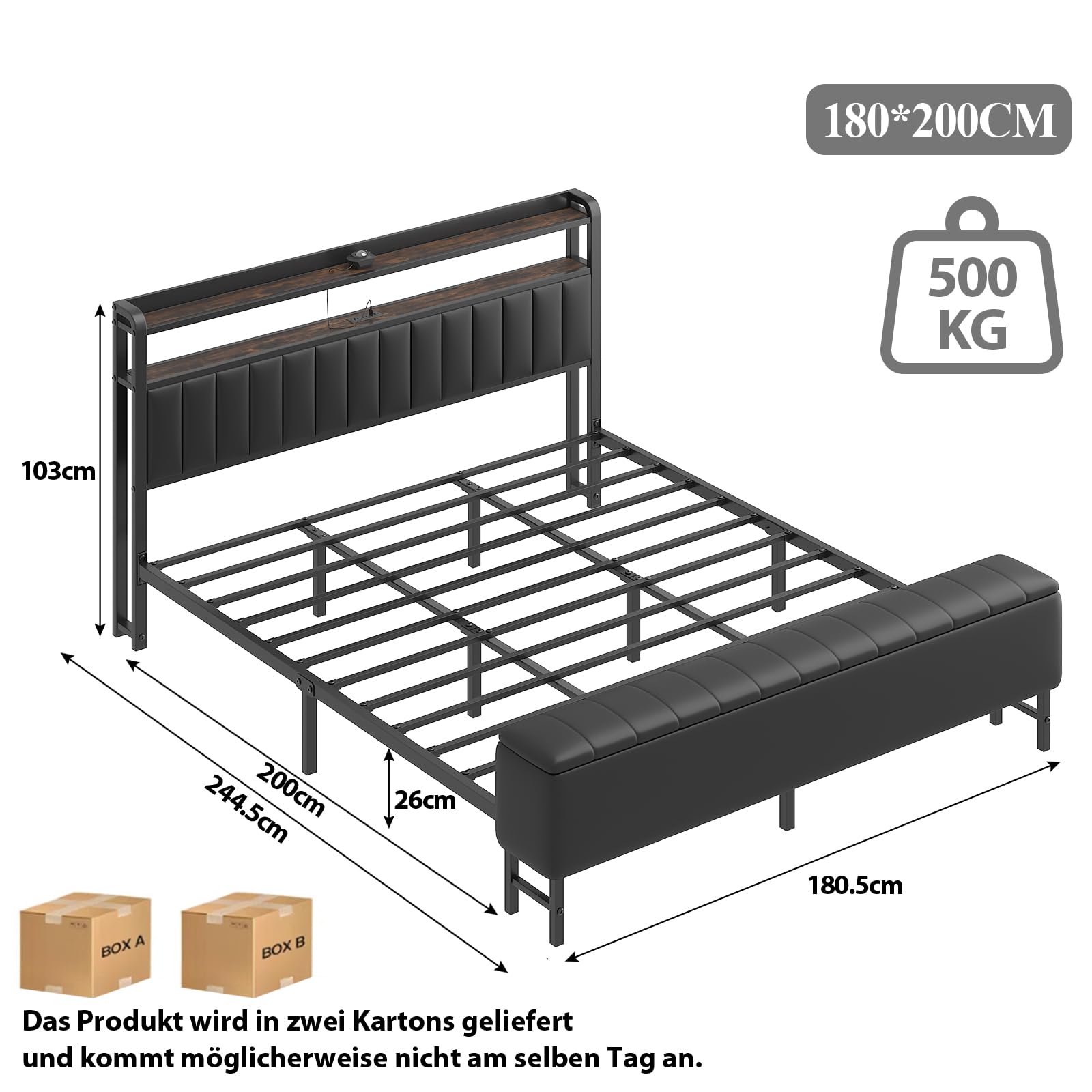 E-Motie Bett 180x200，Polsterbett mit Sternenprojektor, Ladestation und Aufbewahrungsbank， Doppelbettgestell 180 x 200 cm mit Gepolstertes Kopfteil und Lattenrost, Geräuschlos, Modern, Schwarz