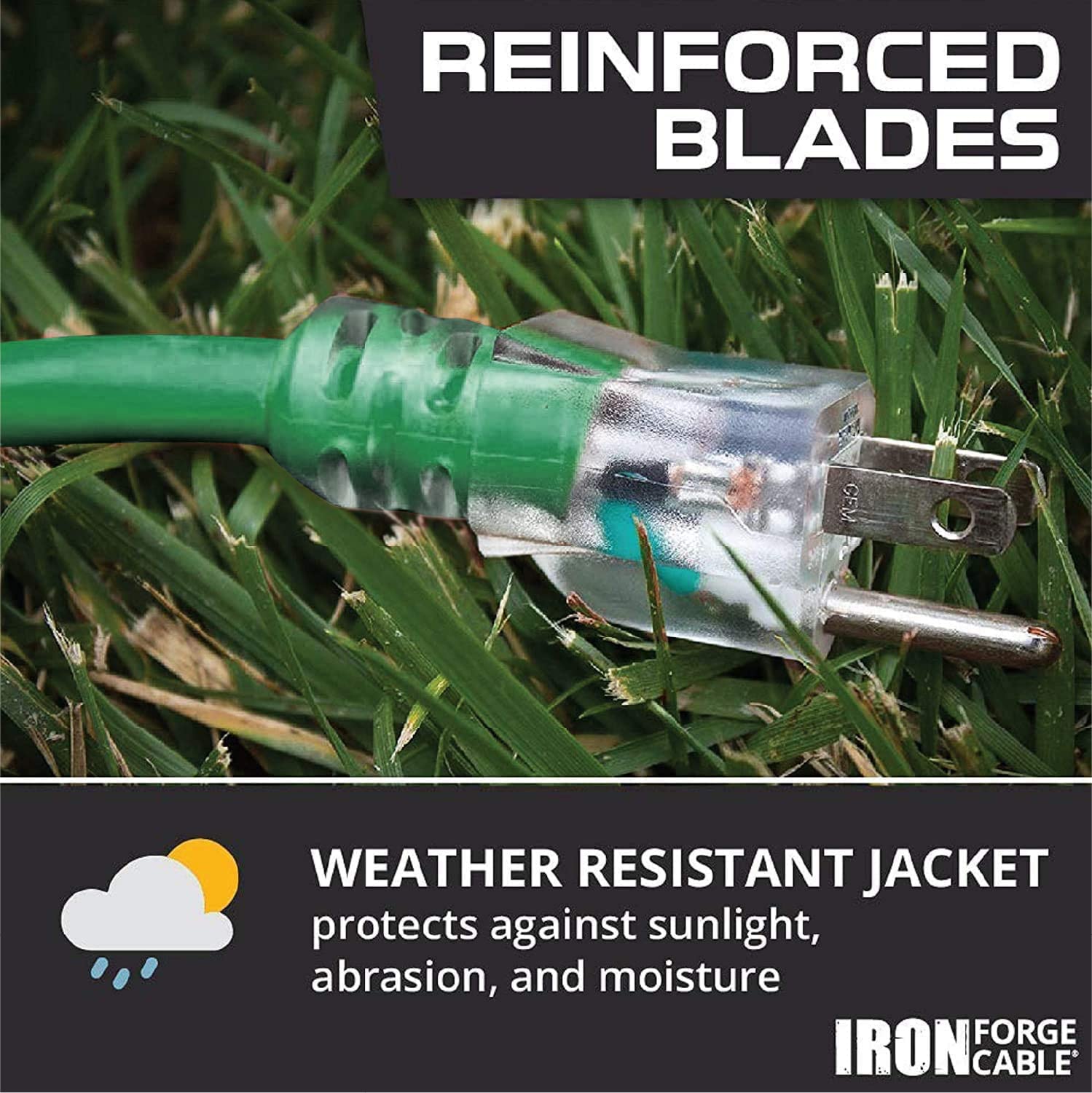 IRON FORGE Cable de extensión para exteriores de 25 pies – Calibre 14 15 amperios de alta resistencia – SJTW – ideal para electrodomésticos principales, herramientas eléctricas, suministros de jardín,