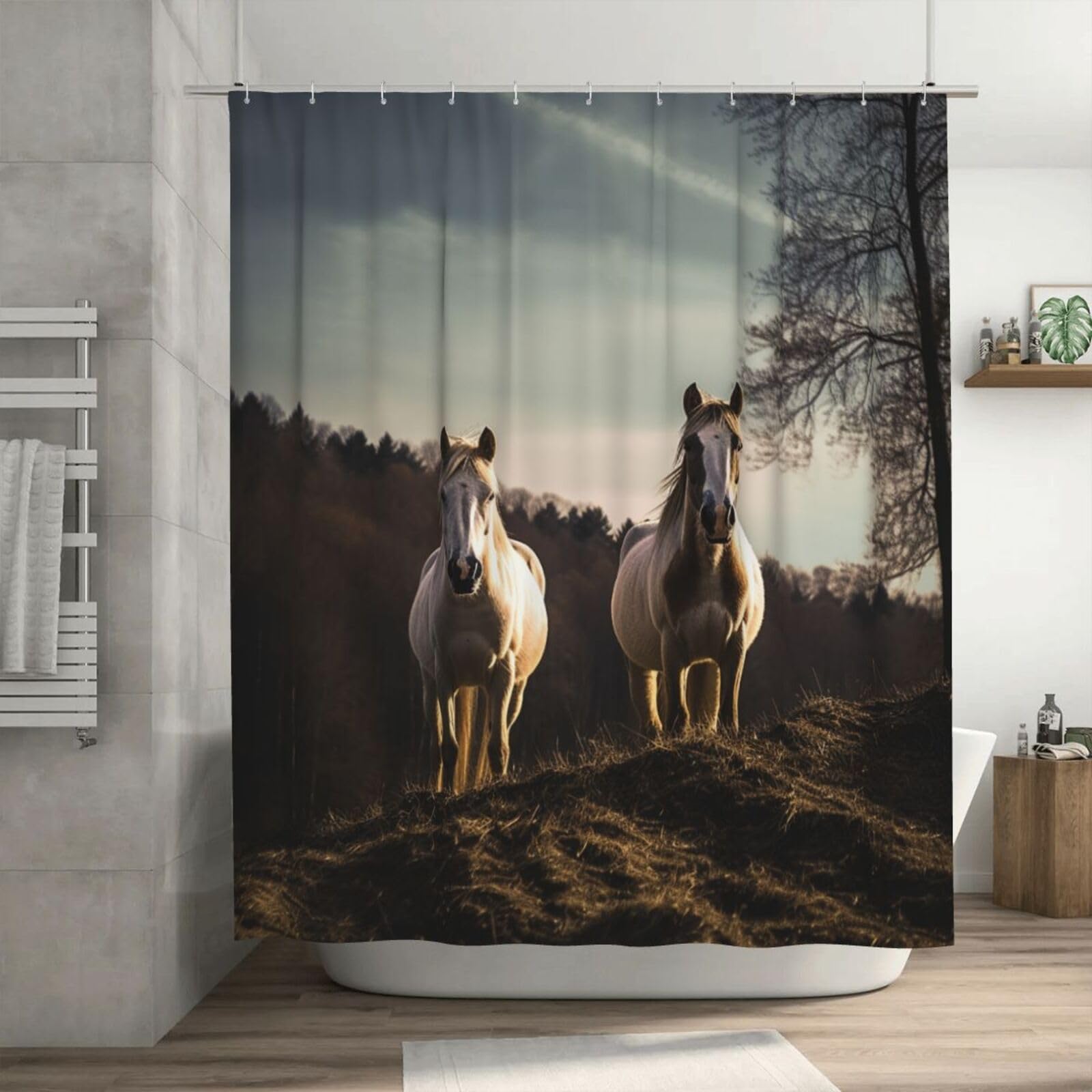Rideau de douche style chalet avec son décor de cheval