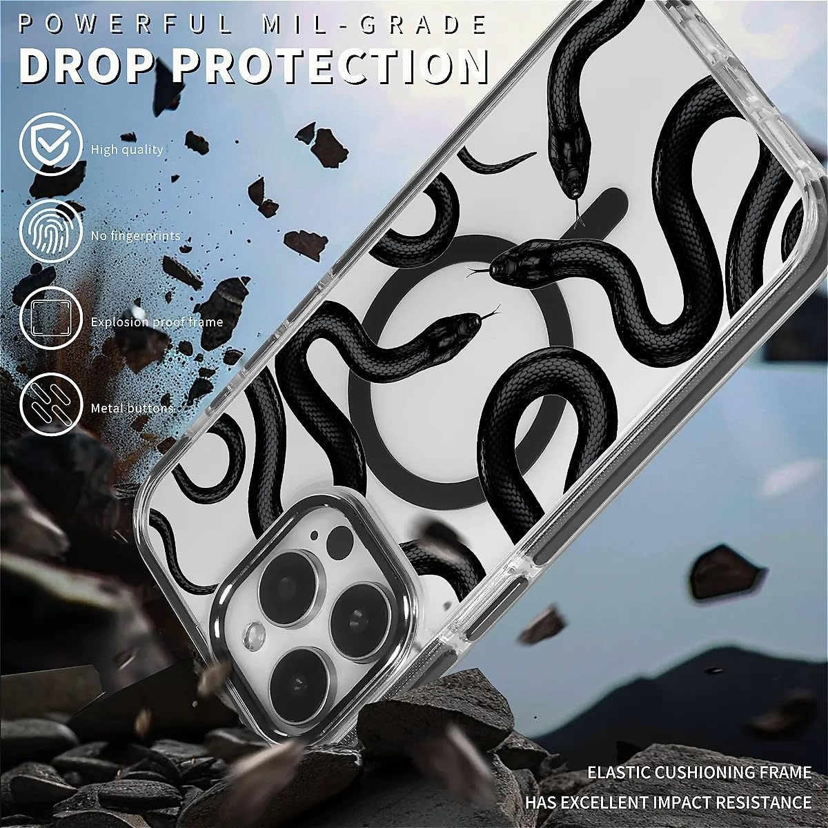 for Magnetic Clear Case for iPhone 15 Compatible with Magsafe,Black Snake Phone Case,Soft Silicone Shockproof Protective Cover for iPhone 15-(Black)