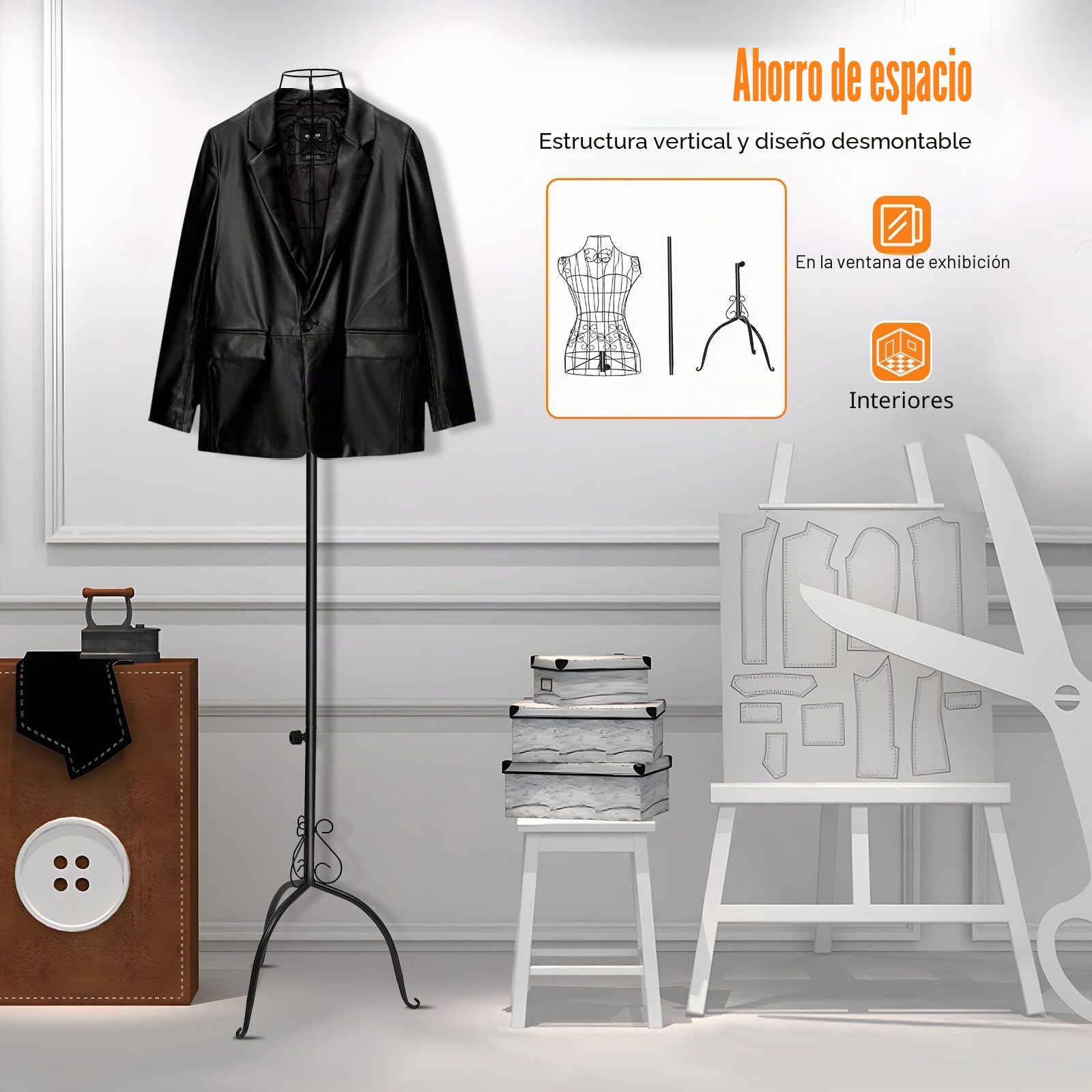 Maniquí de sastre negro, ajustable de 140-160 cm, torso desmontable, 36 x 68 cm