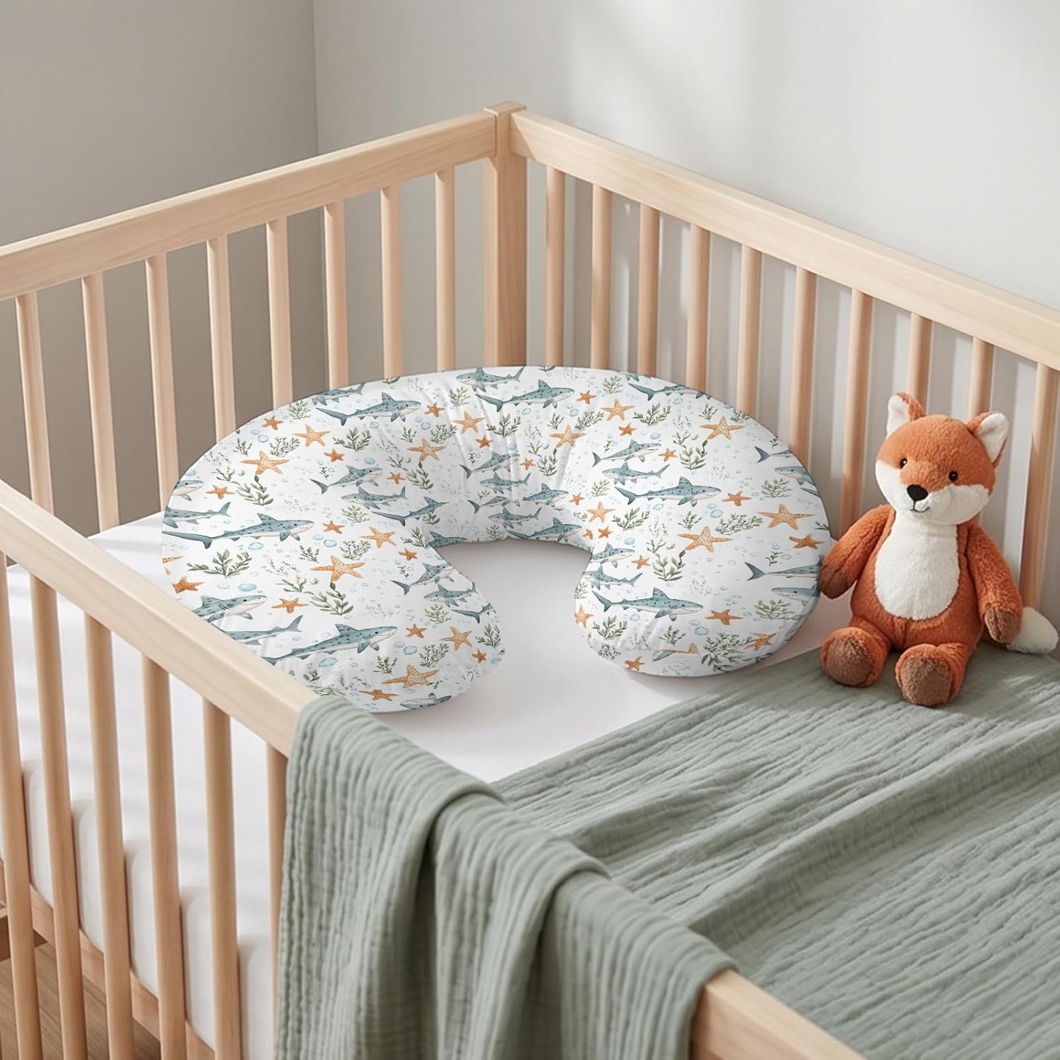 Sharks Starfish Pattern Nursing Pillow Cover for Baby Boy Girl,Ocean Theme Breastfeeding Pillow Slipcover with Hidden Zipper,Stretchy Removable Pillowcase for Newborn Infant Pillowslip,Cover Only image 4
