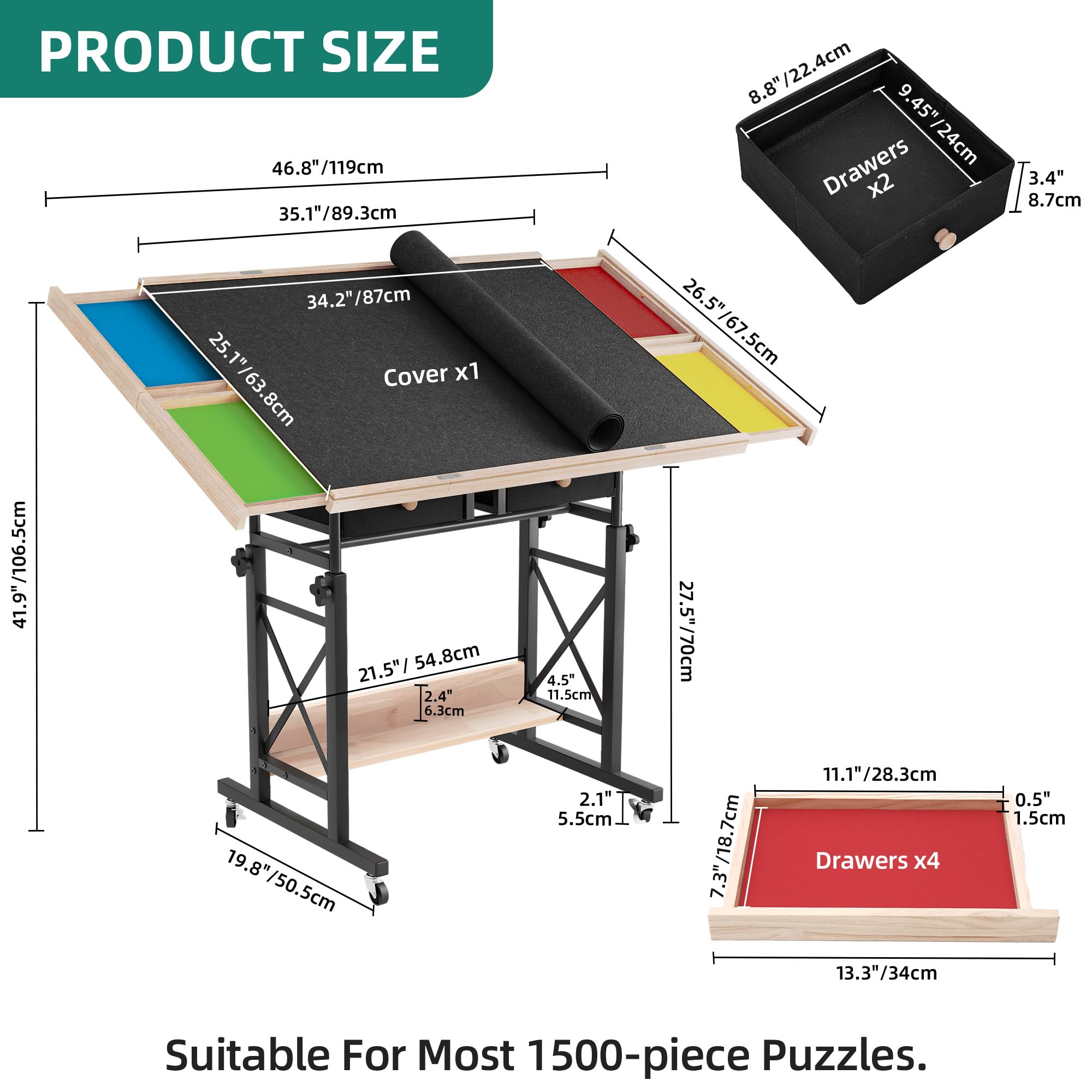 YITAHOME Table de puzzle de 1500 pièces avec 4 tiroirs, planche de puzzle inclinable réglable avec angle d'inclinaison et réglage de la hauteur, tables de puzzle portables avec couvercle et étagère de