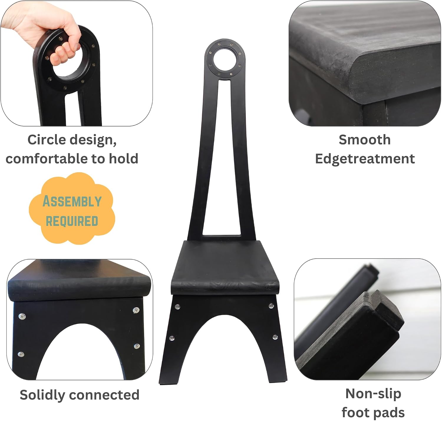 Besuerte Wooden Step Stool with Tall Handle, One Step Stool for Adults with Non-Slip Mat, Multipurpose Step Stools for Adults for Kitchen, Bathroom and Bedroom, Black