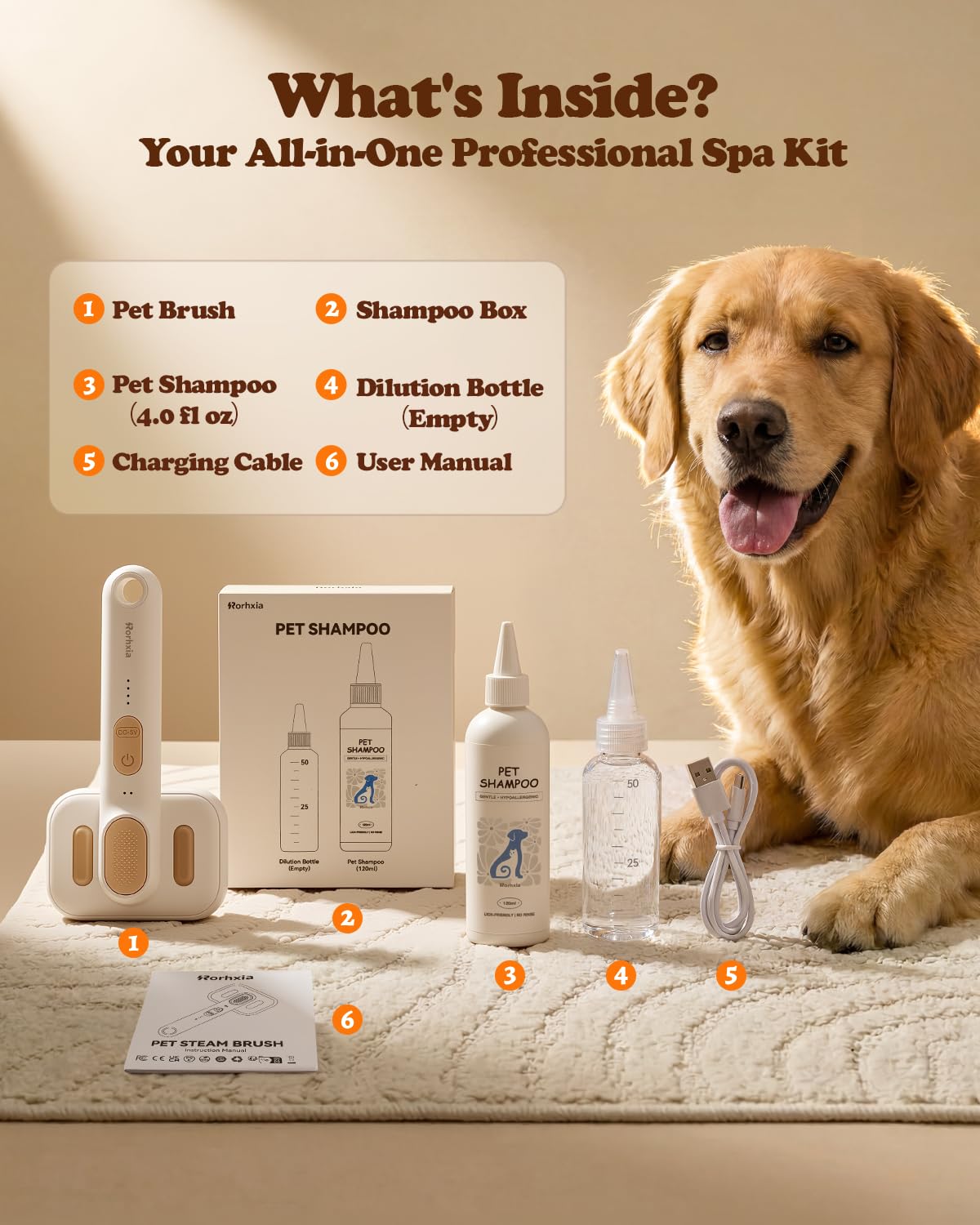 Rorhxia Dampf-Hundebürste für Haarausfall, hautfreundlich, selbstreinigend, 1 x Shampoo, IPX7 wasserdicht, Pet Pro Fellpflege-Werkzeug für Hund und Katze, kurze/lange Haare, Pudel, Kritzeleien