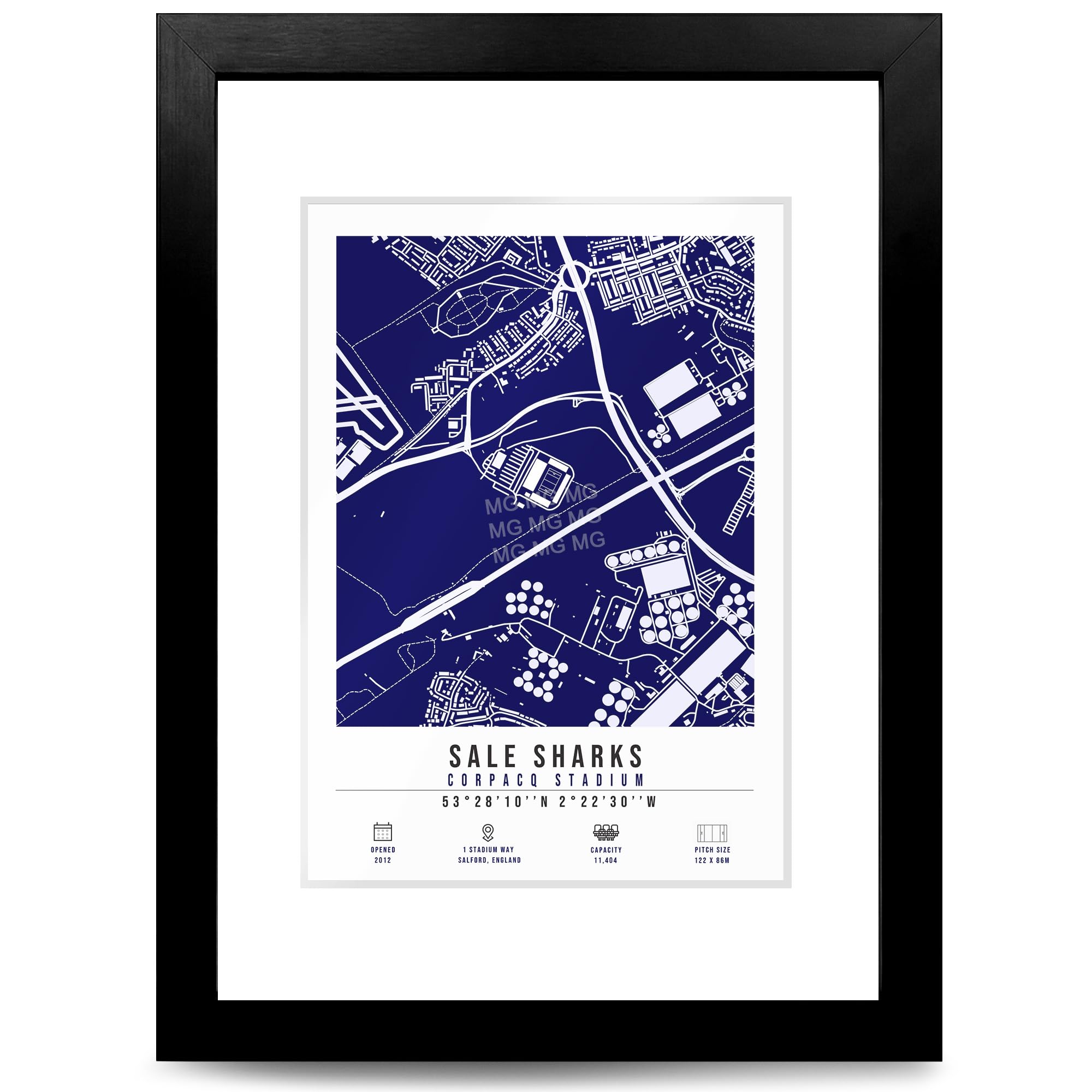 Mounted Gifts Trading A4 Framed & Mounted Sale Sharks Salford Community Stadium Map Minimalist A4/A3 Poster Photo Print Framed Gift Rugby Fan Wall Art (A4 Framed & Mounted)