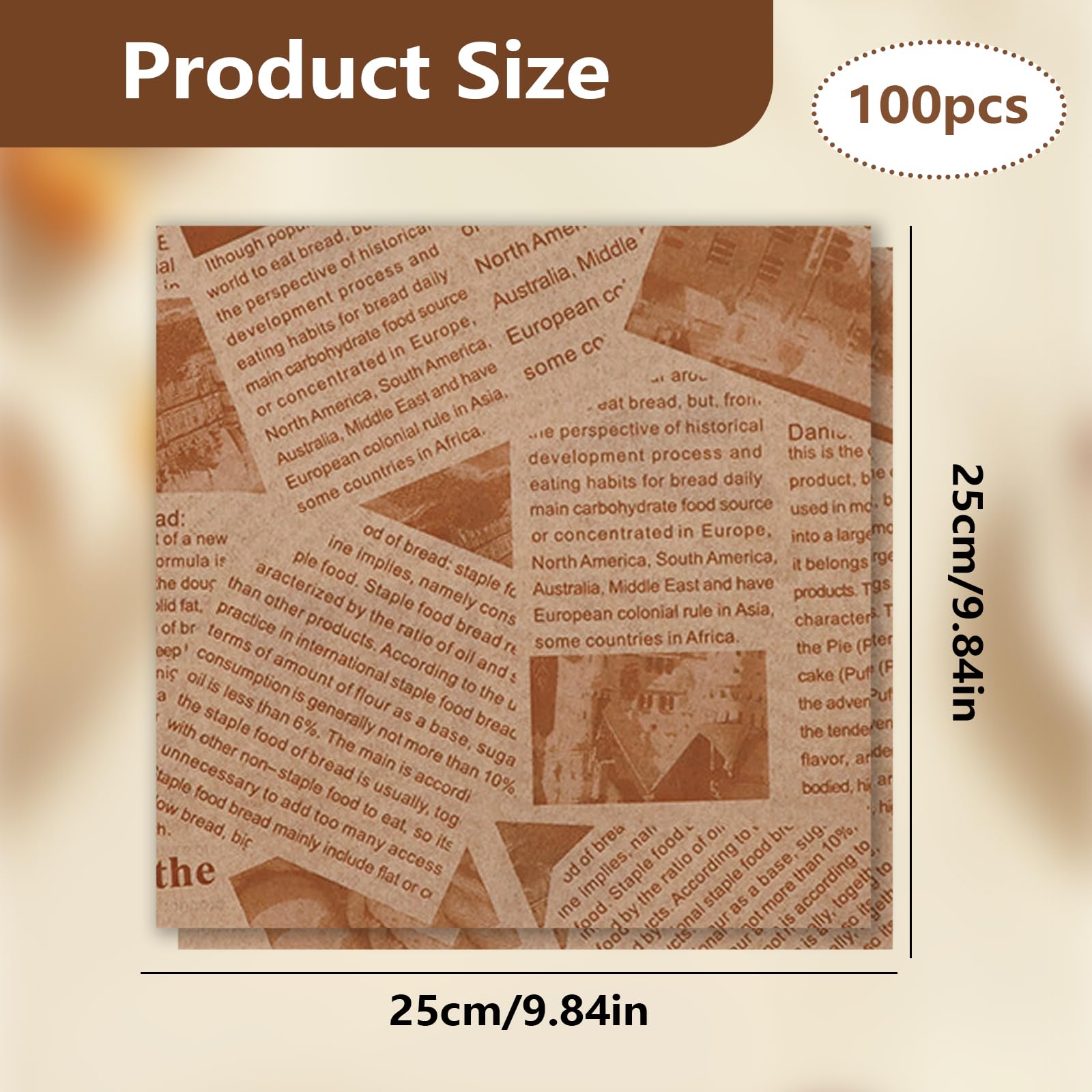 100 Pezzi Fogli Carta Alimentare, 25×25cm Carta Oleata per Alimenti, Ideale per Panino Hamburger Fritte Formaggio Torte