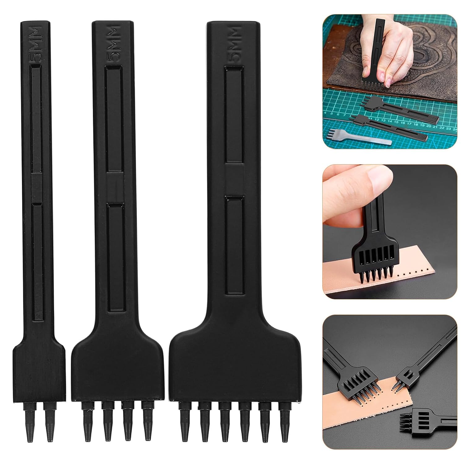 GARVALON Leather Punching Tool Set 3pcs 5mm Black High-Carbon Steel DIY Leathercraft Hole Punch for Stitching and Craft Supplies