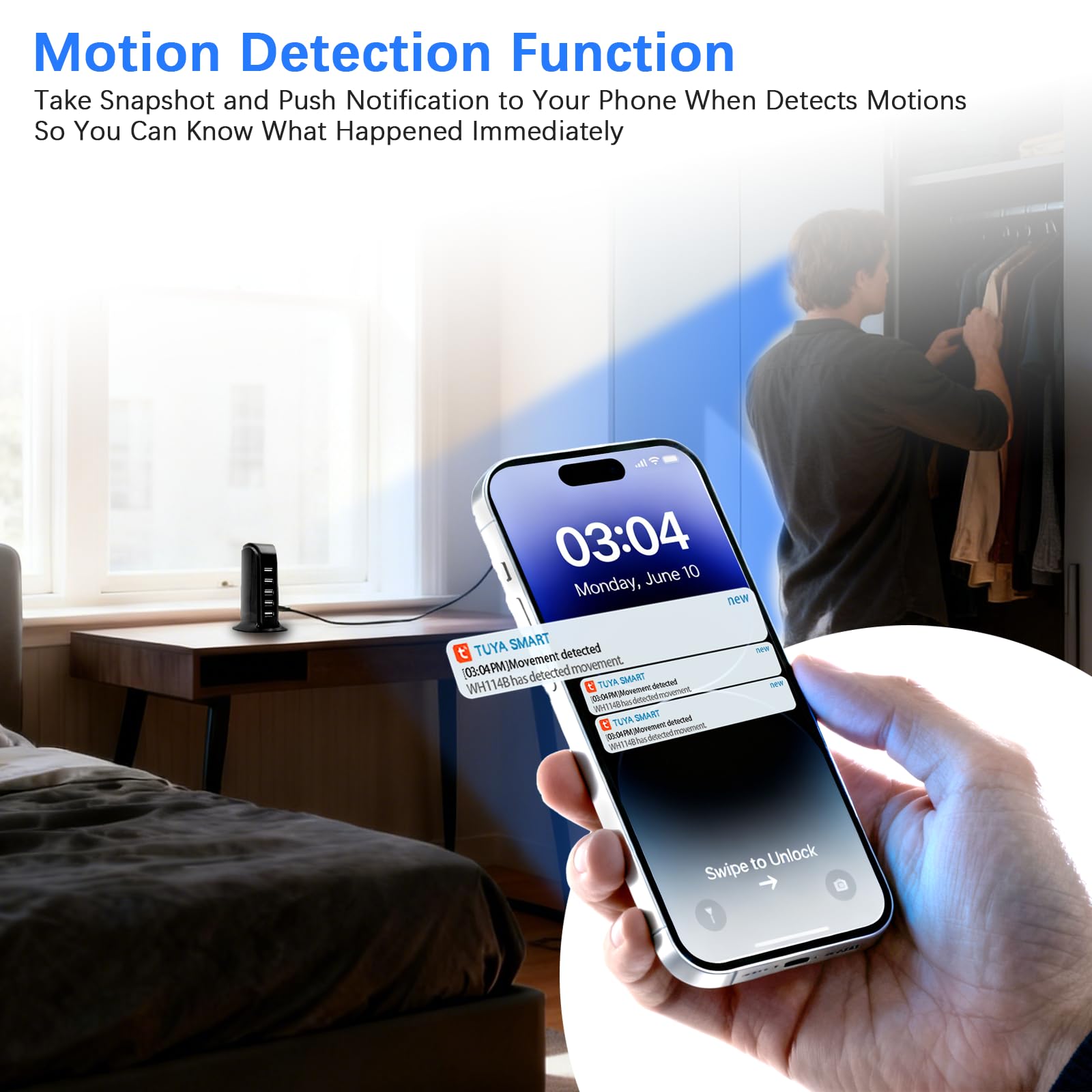 Caméra de sécurité espion cachée WiFi avec chargeur USB, FHD 1080p sans fil pour maison, 5 ports de charge, caméra cachée avec détection de mouvement, enregistrement en boucle