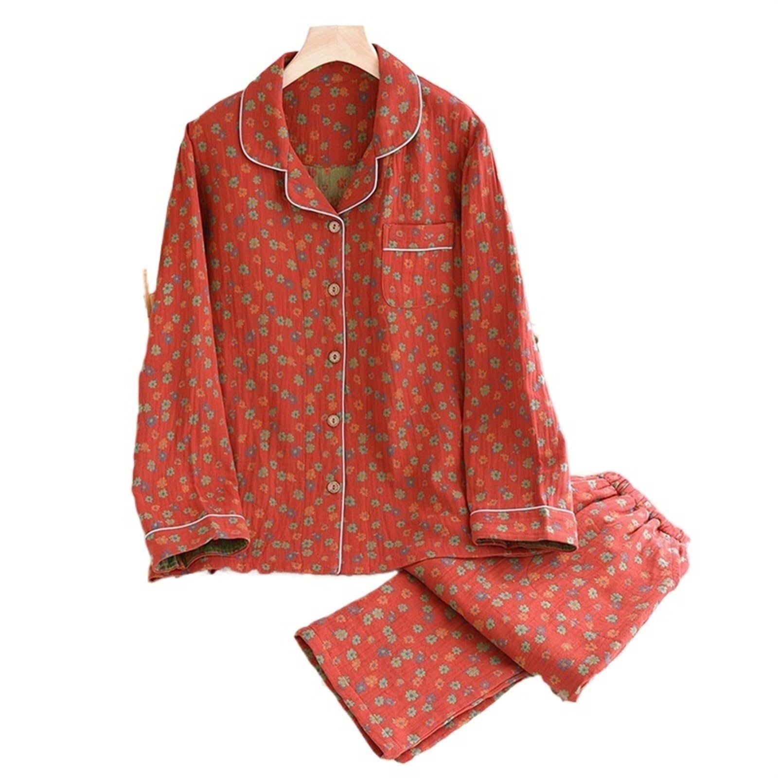 Pijama Mujer Largo Conjuntos de Pijamas de Mujer Vintage Estampado de algodón Ropa de Dormir Pijamas de Mujer de Manga Larga Otoño Invierno Ropa de Dormir Traje for casa(Red,XXL)