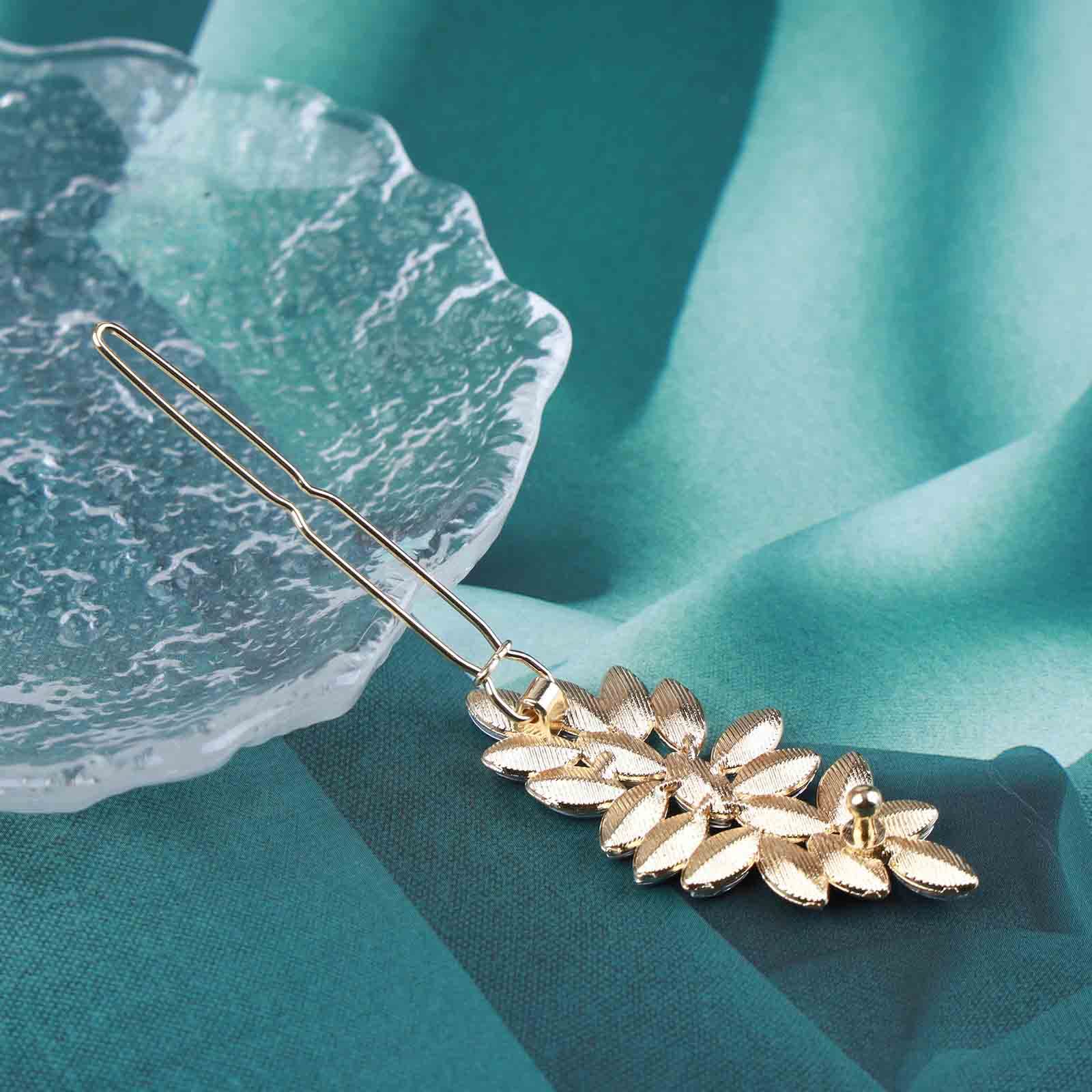 Amazon.com : Yheakne Vintage Crystal Leaf Hair Clip Pin Gold  display picture 2