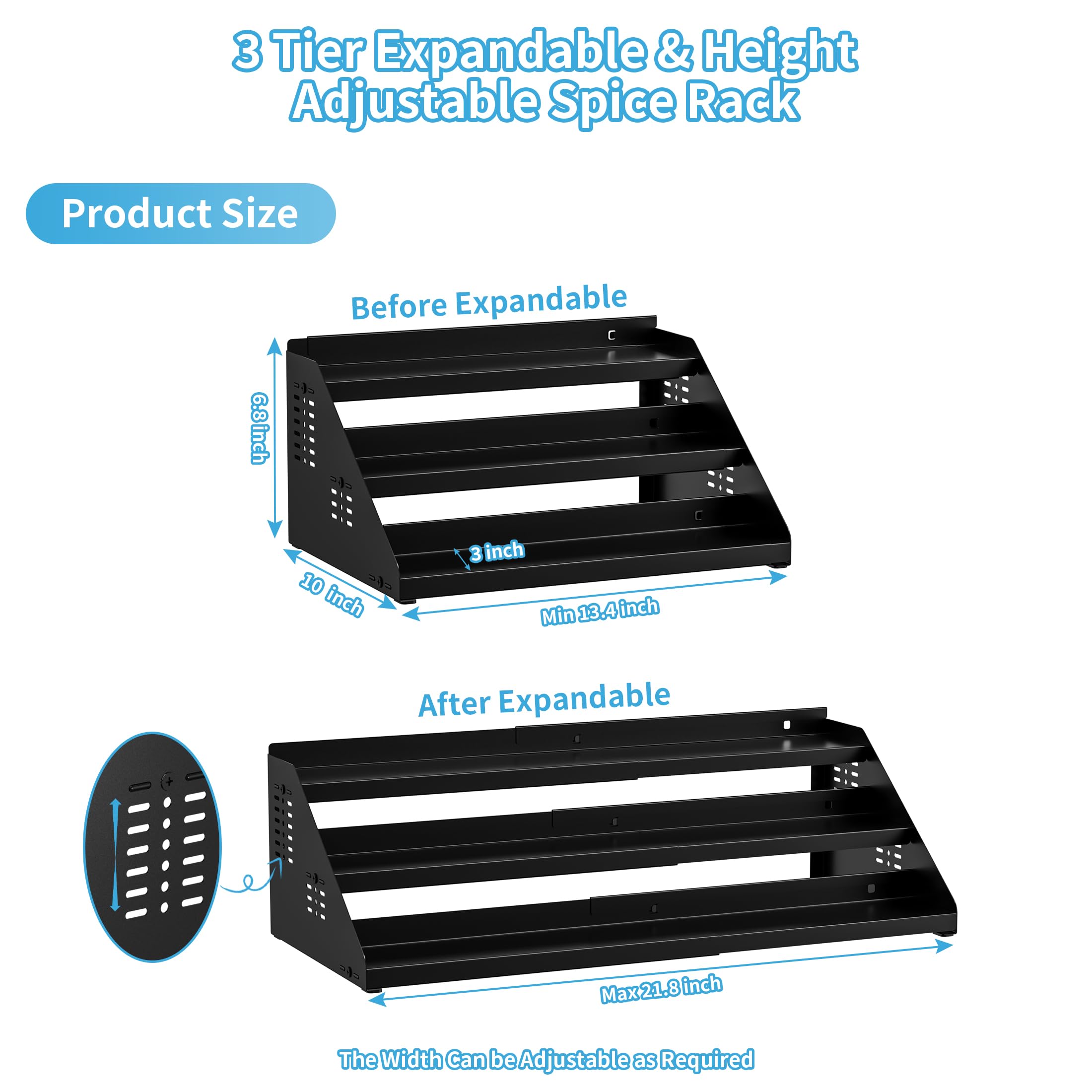 BOIVSHI Étagère à épices extensible en largeur (Noire) – Rack de cuisine sans perçage pour organisation d'armoire
