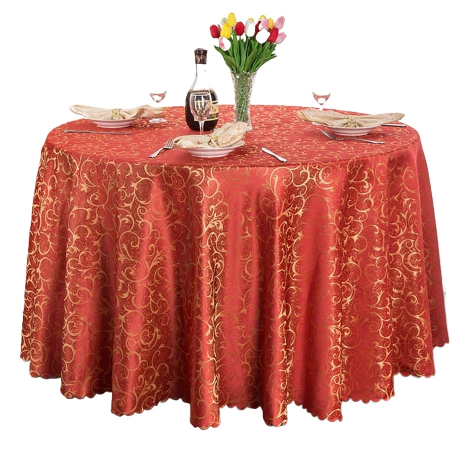 SHENJMAI Round Skirt Tablecloth Circular Hotel Tablecloth Golden Flowers for Wedding Party Decoration Table Skirt Set Restaurant Multipurpose(Bright red,Diameter 300cm 1pcs)
