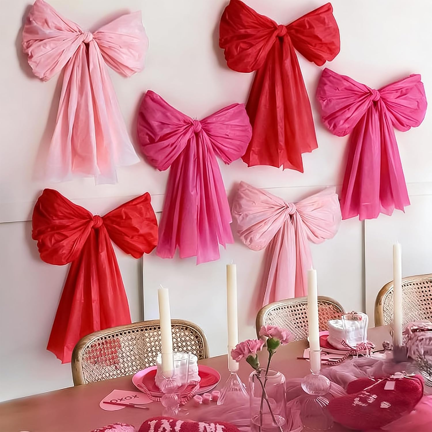 6 Pack Giant Valentine’s Day Wall Bows, 54 x 108 Inch Large Decorative Bows for Wall, Red Pink Light Pink PE Bow Decorations for Galentine’s Day, Birthday Party, Classroom, Fireplace, Staircase