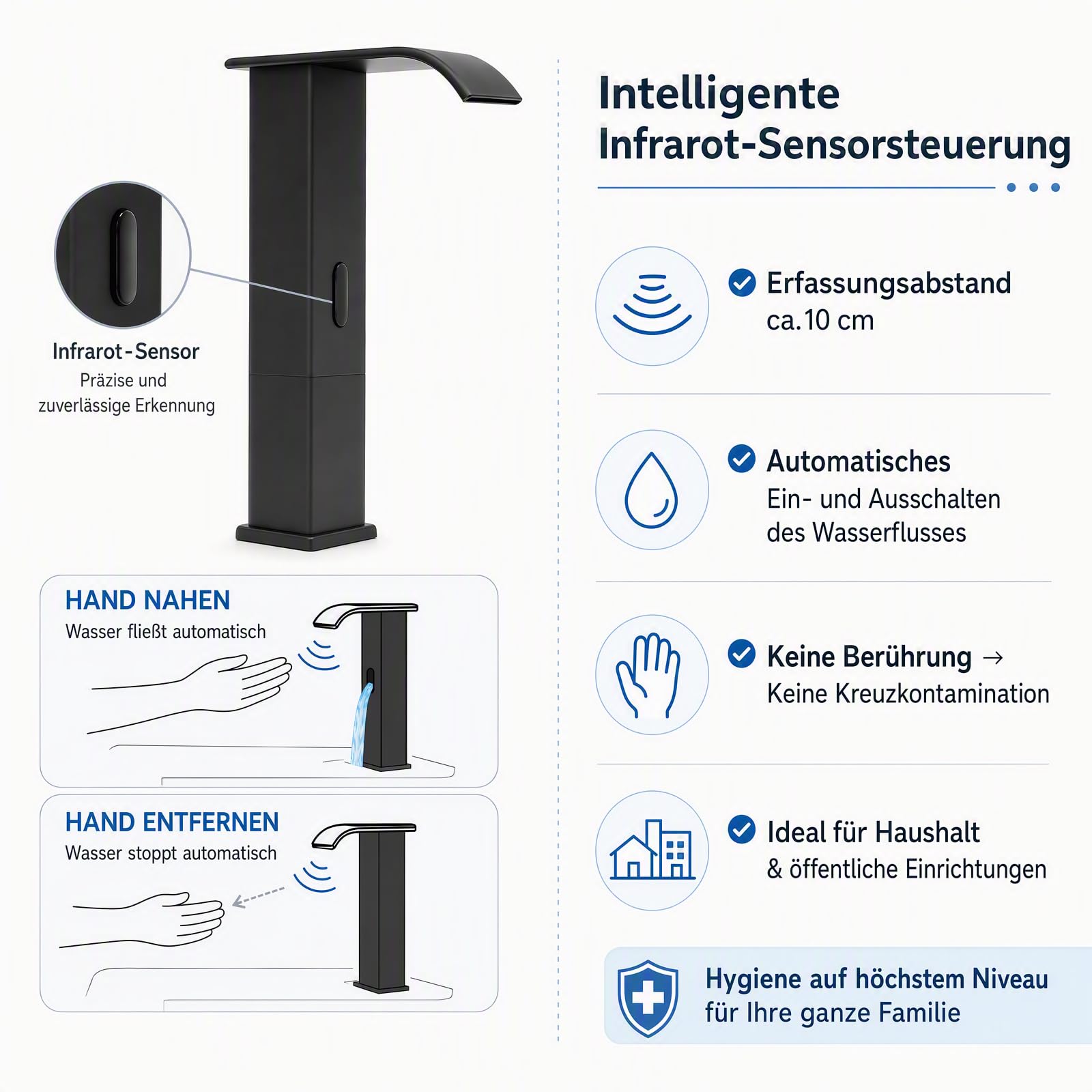 Rubinetto per lavabo, con sensore a infrarossi, per bagno, miscelatore automatico, senza contatto, con sensore, cromato nero