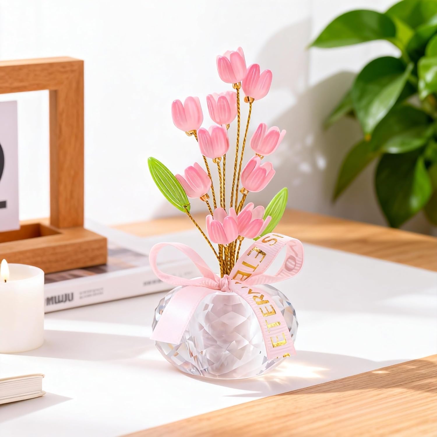 Crystal Flower Figurine - Handmade Mini Flower Decor with Crystal Base, Plastic Artificial Petals and Adjustable Wire, Cute Floral Ornament for Home/Office/Car, Ideal Gift for Women(Pink Tulips) - Image 2