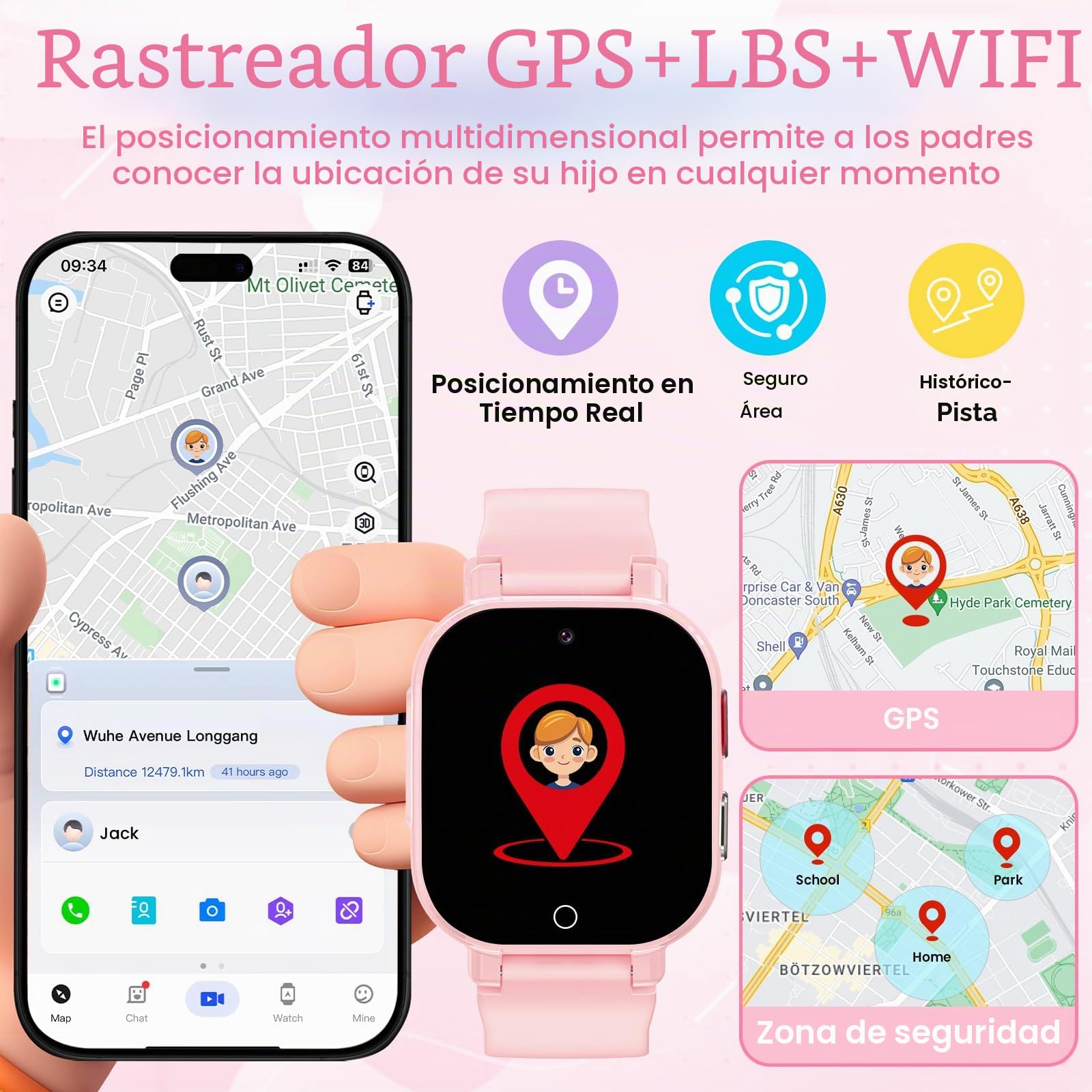 Reloj Inteligente Niño 4G, Smartwatch Niños con GPS y Teléfono, Videollamadas, SOS, Chat de Voz, Modo Escuela, Despertador, Juegos, Podómetro, Reloj Inteligente Niñas Niños 4-12 Regalo (Rosa)