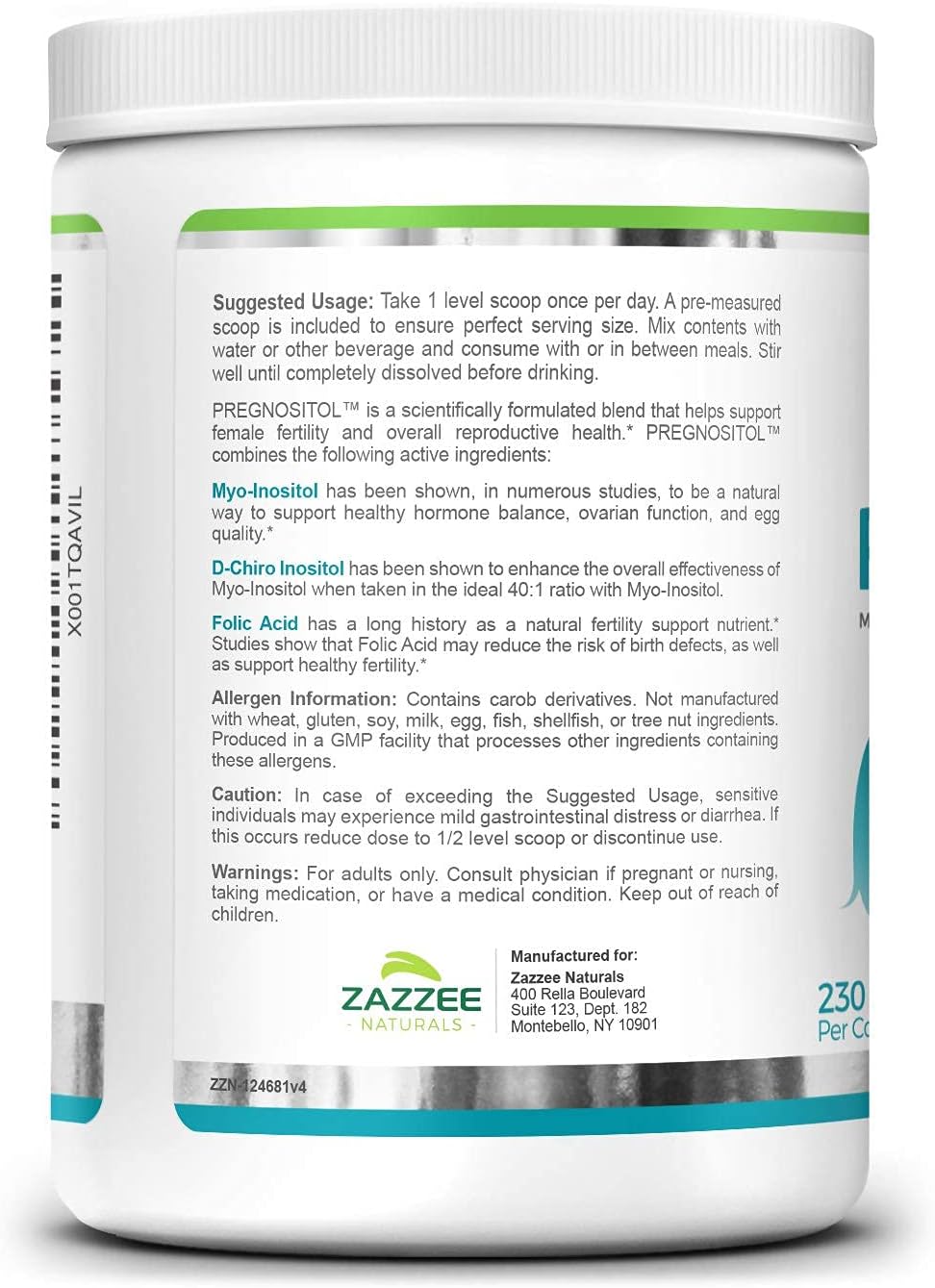 Zazzee PREGNOSITOL Powder, 230 Servings, Ideal 40:1 Ratio, Includes Free Scoop for Exact Dosage, Premium Myo-Inositol, D-Chiro-Inositol and Folic Acid Blend, Vegan, Non-GMO and All Natural : Health & Household