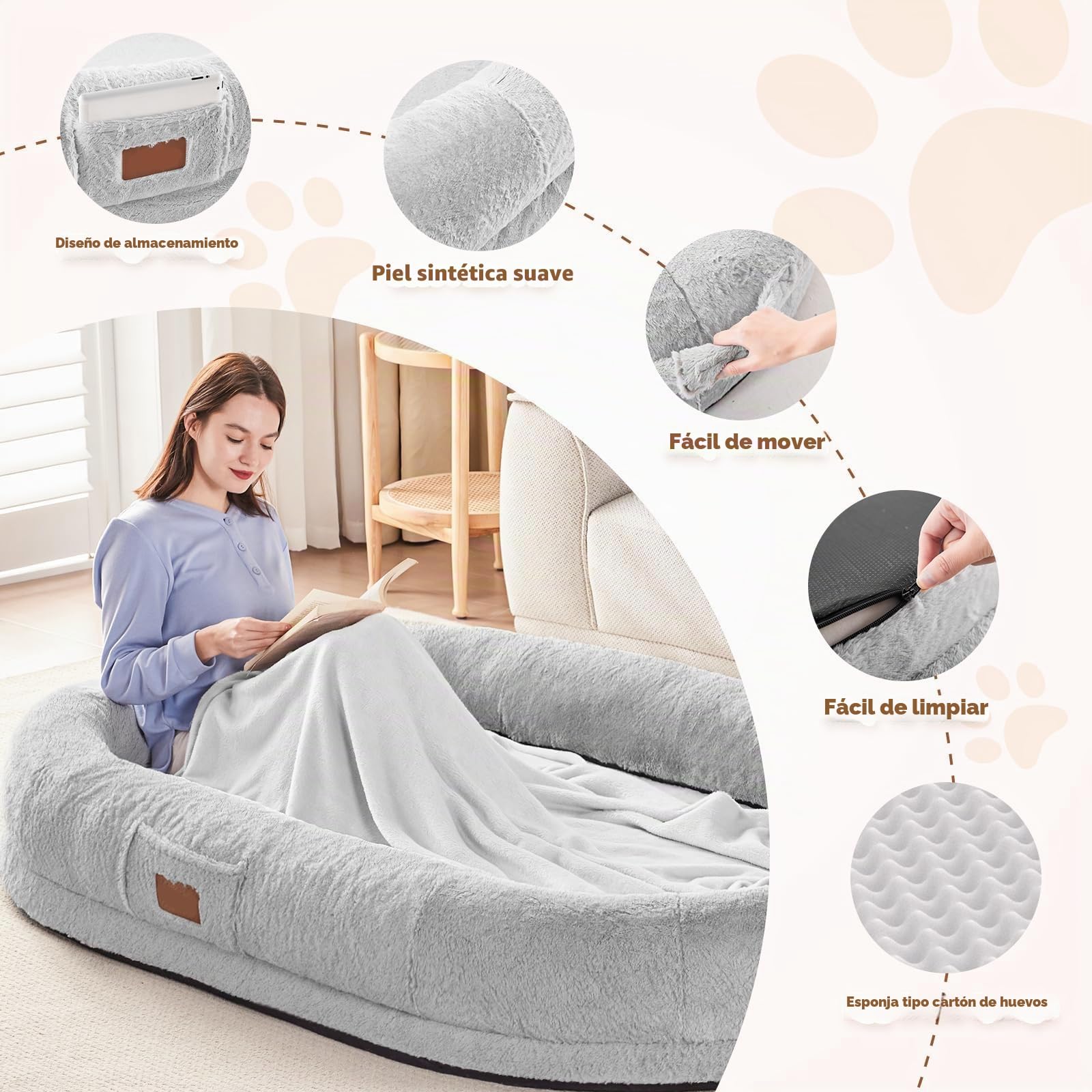 Cama para perros humanos para adultos, 180 × 122 × 25 cm, gigante cama puf con manta, lavable de piel sintética Nap cama ovalada, espuma viscoelástica grande extraíble para perros humanos gris