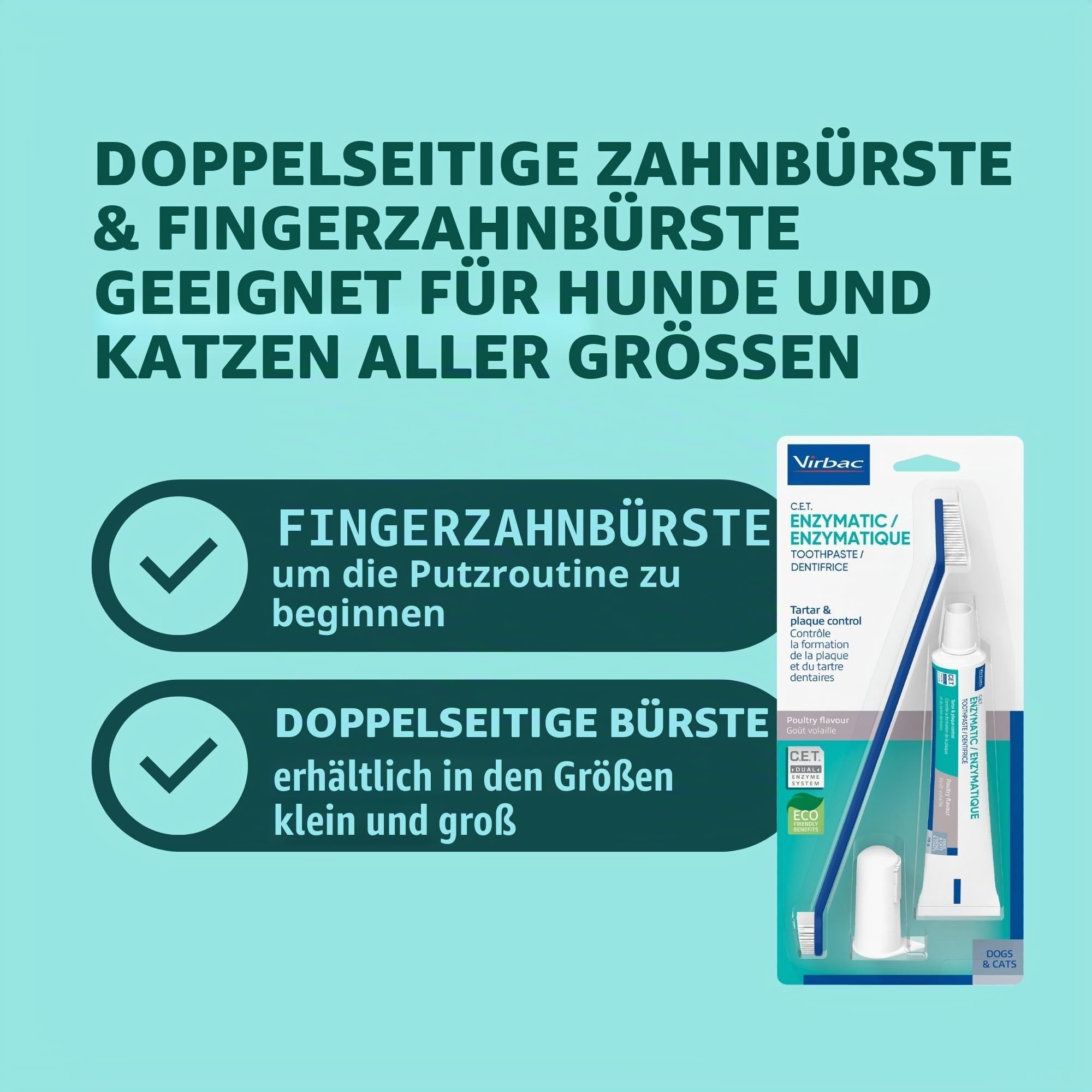 Virbac C.E.T. Mundhygiene-Set für Katzen und Hunde, 3-teiliges Set mit doppelseitiger Zahnbürste, Fingerbürste und Geflügelgeschmack, 75 ml Tube Zahnpasta, entfernt Plaque und Zahnstein