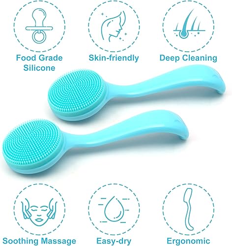 Miniatura 7 de Paquete de 2 cepillos de limpieza facial manual de silicona, agradable a la piel, impermeable, limpiador exfoliante para puntos negros, espinillas
