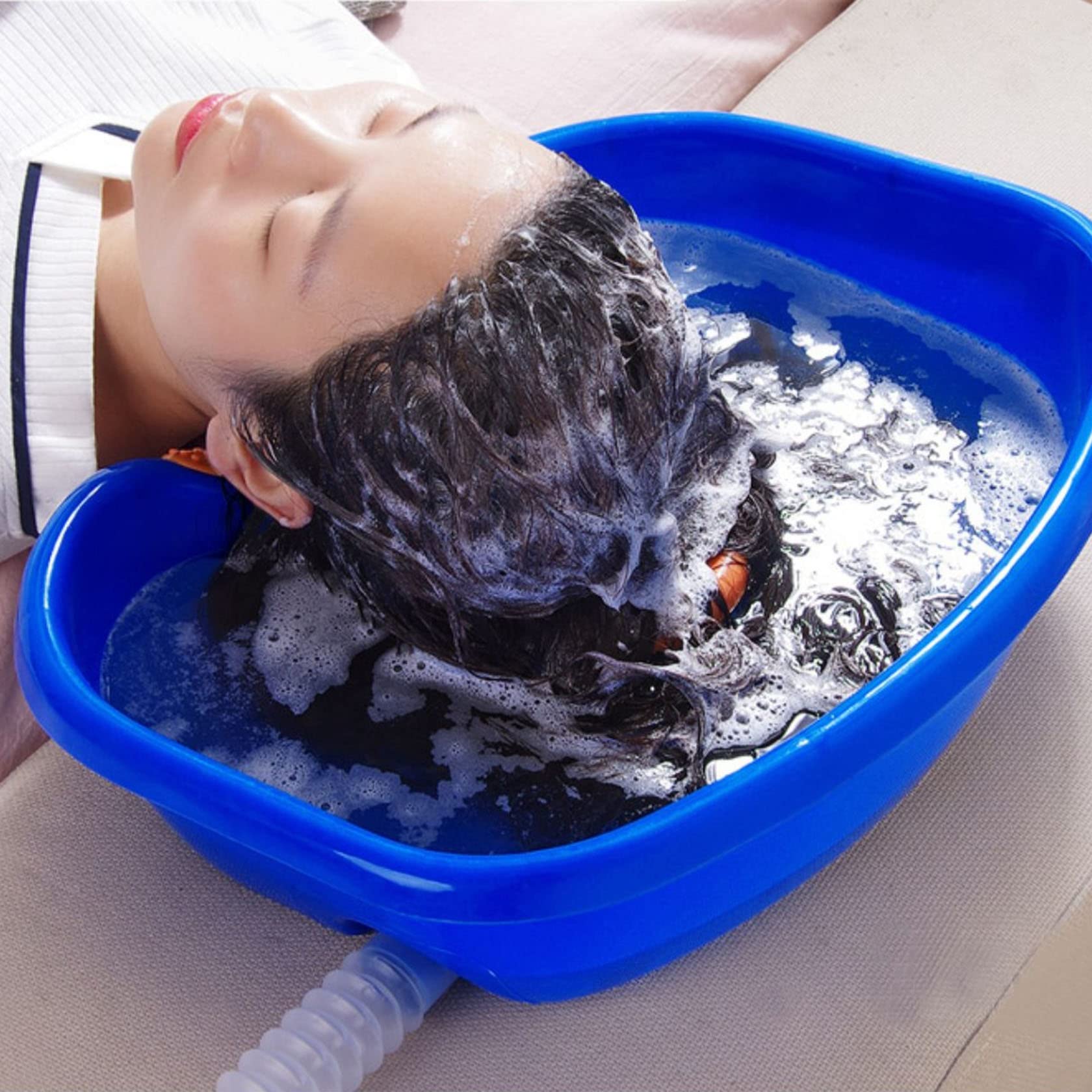 Shampoo-Becken Am Bett, Tragbares Haarwaschbecken mit Kopfkissen und Nachziehbarem Schlauch, Geeignet für Bettlägerige,Dark Blue