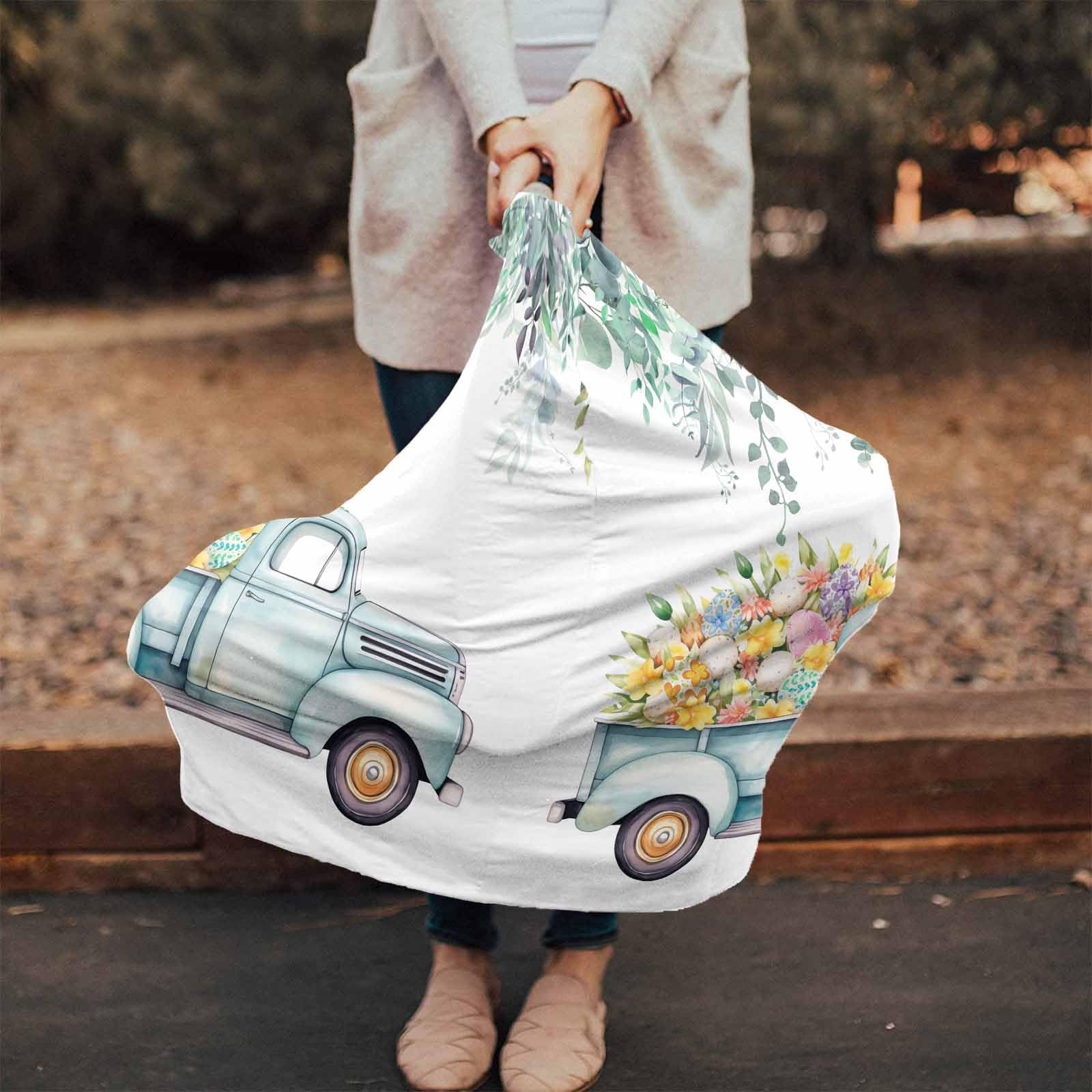 Nursing Cover for Breastfeeding Scarf, Teal Truck Yellow Floral Green Leaves Spring Easter Day Baby Car Covers Super Soft Multi Use for Canopy Shopping Cart Cover Blanket Stroller Cover
