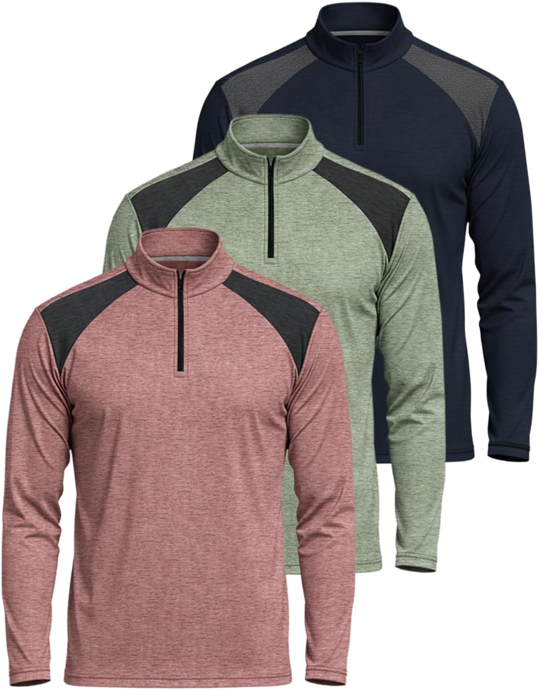 Real Essentials 3 Pack: Men's Dry-Fit Active Quarter Zip Long Sleeve Athletic Performance Pullover (Available in Big & Tall)