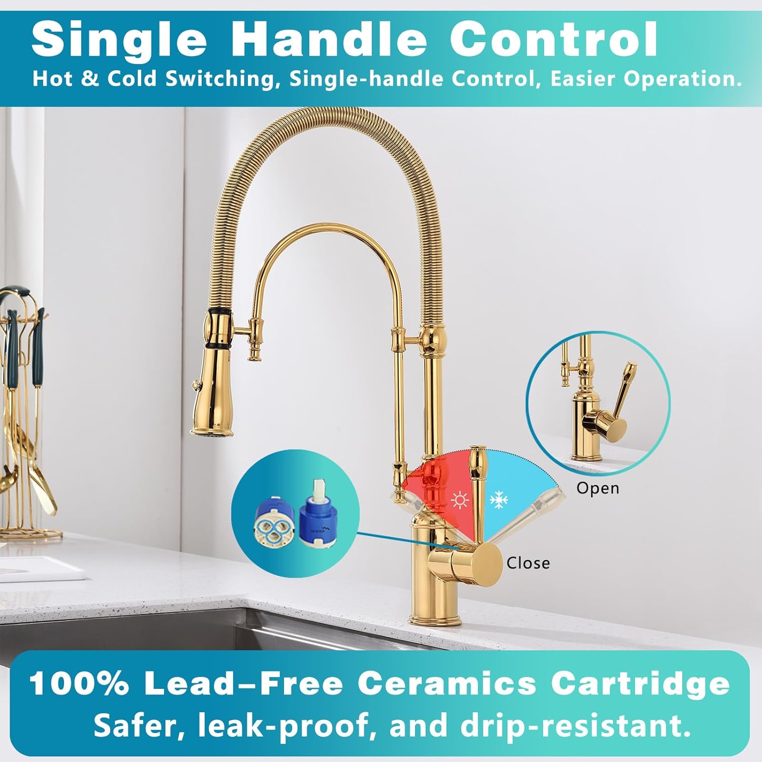Copper Kitchen Faucet, Single Handle, 360 Swivel High Arc Kitchen Sink Faucet, Gold Pull Down Kitchen Faucet Solid Brass Handle
