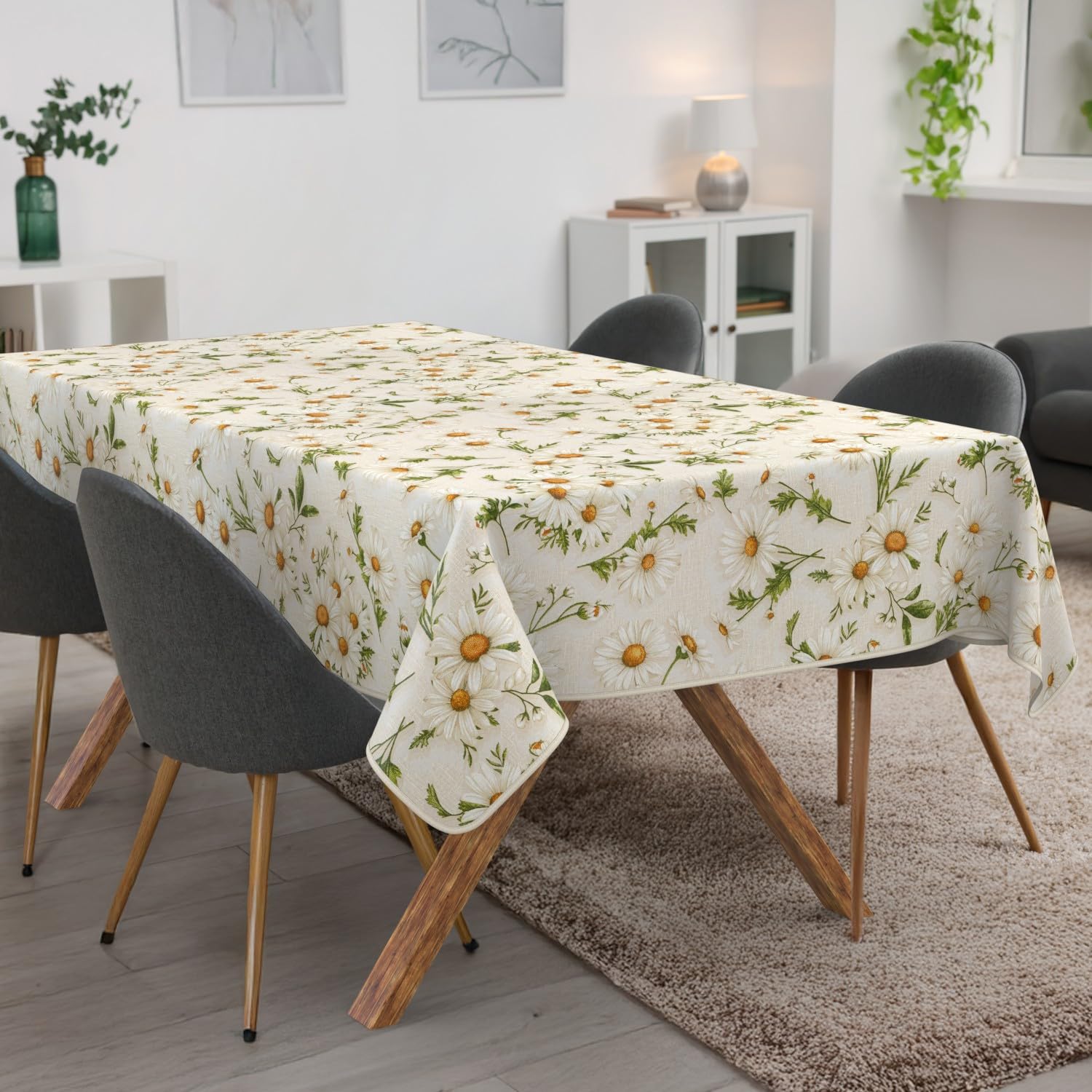 ANRO Obrus zmywalny z margaretkami, biały, prostokątny, 220 x 140 cm – odporny na działanie wody, do użytku wewnątrz i na zewnątrz, z efektem lotosu, z obszyciem