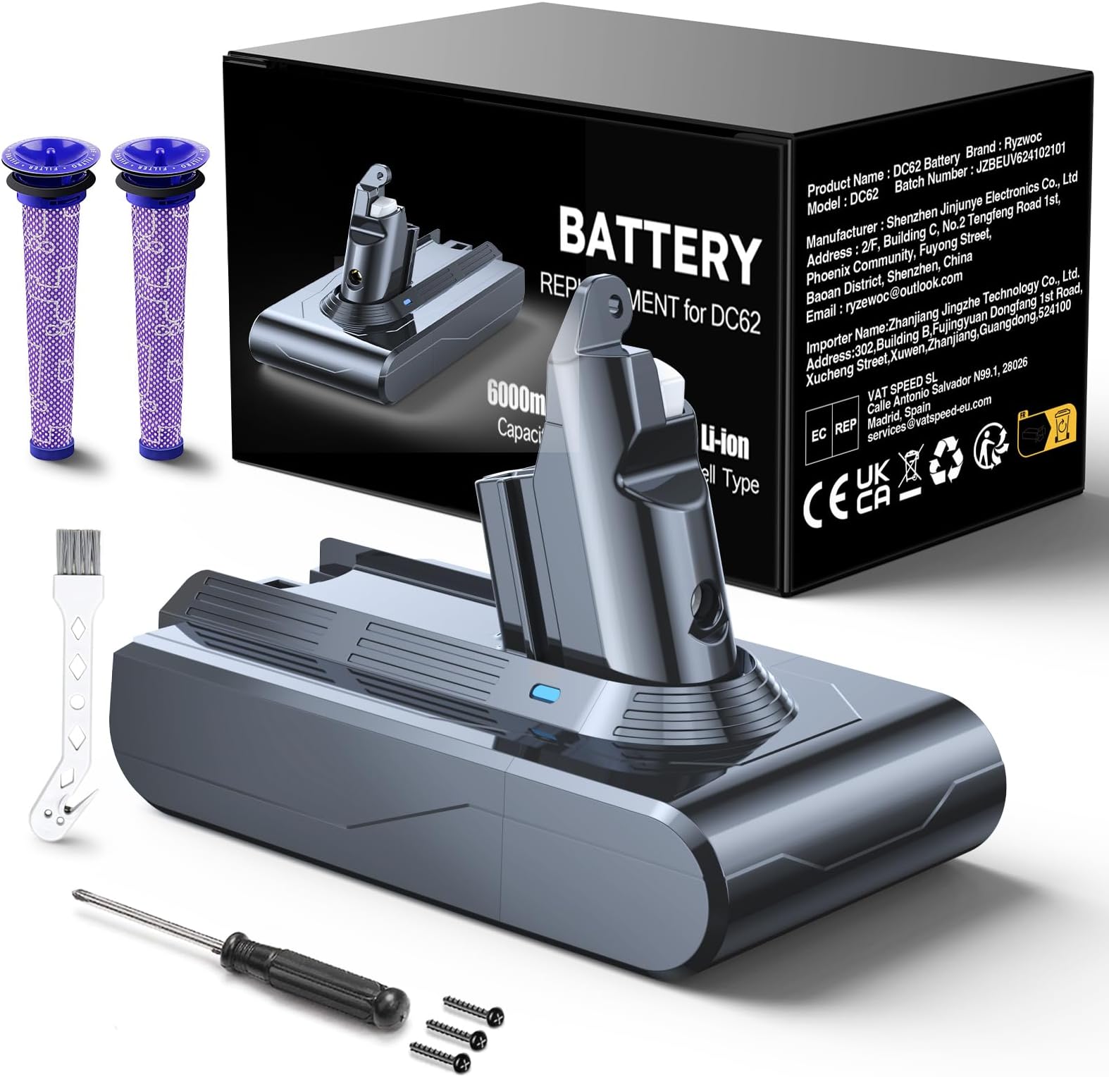 Battery Replacement for Dyson V6,6000mAh Battery Compatible with Dyson V6 DC62 DC61 DC59 DC58 DC72 DC74 SV03 SV05 SV06 SV07 SV09 Animal Absolute Trigger Fluffy Total Clean Cordless Vacuum